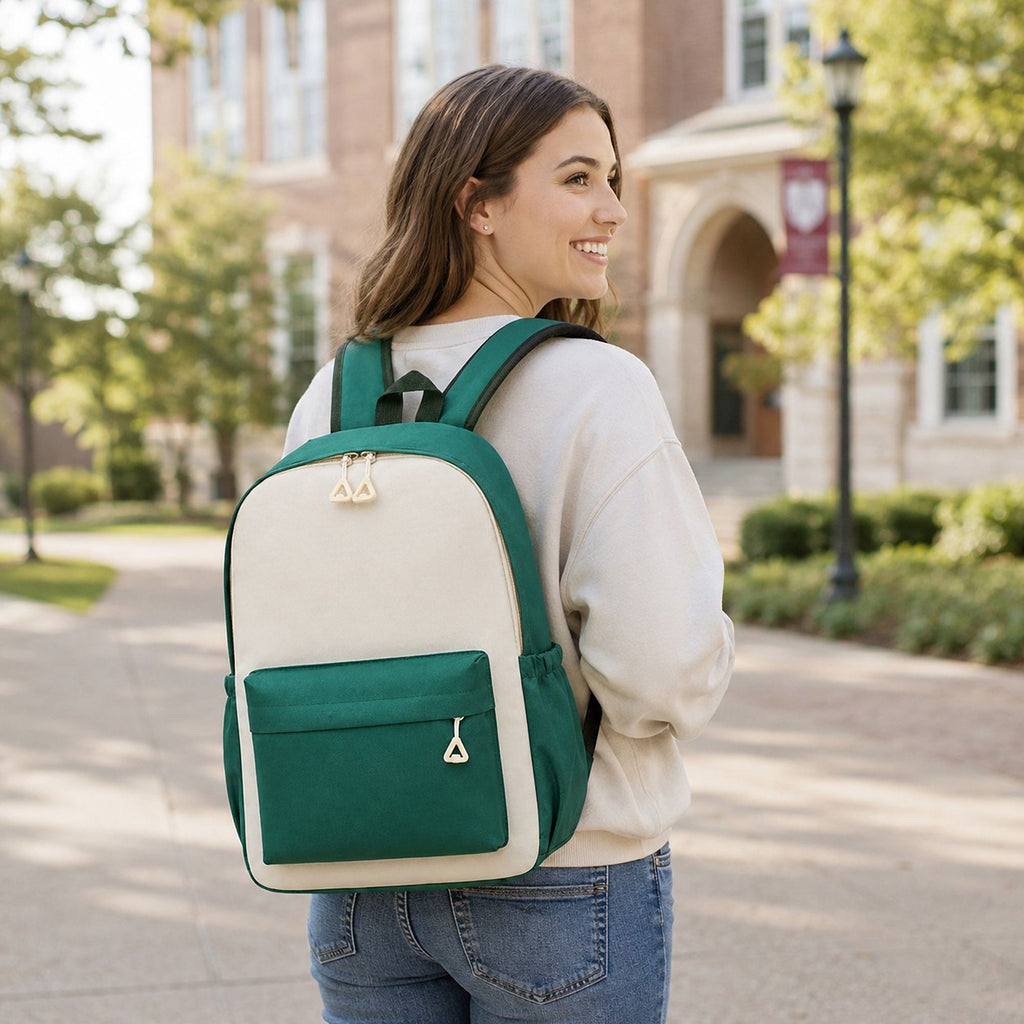 Colorblock School Backpack with Front Pocket and Adjustable Straps