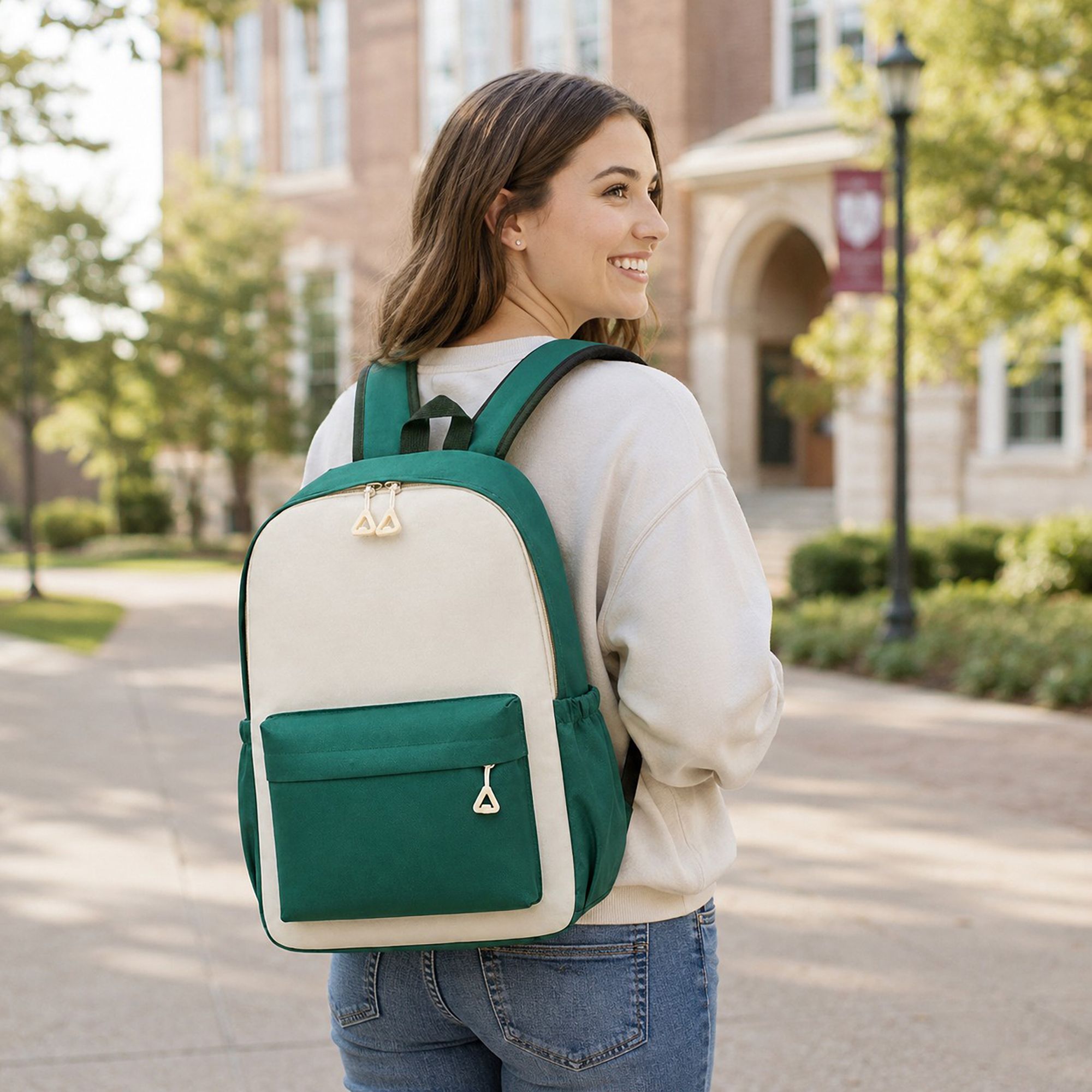 Colorblock School Backpack with Front Pocket and Adjustable Straps