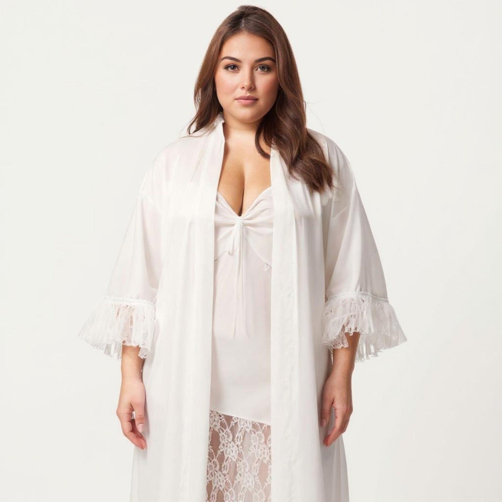 Anna-Kaci Lounge Women's Plus Size Long Sheer Lace Panel Robe Open Front Lightweight Sleepwear