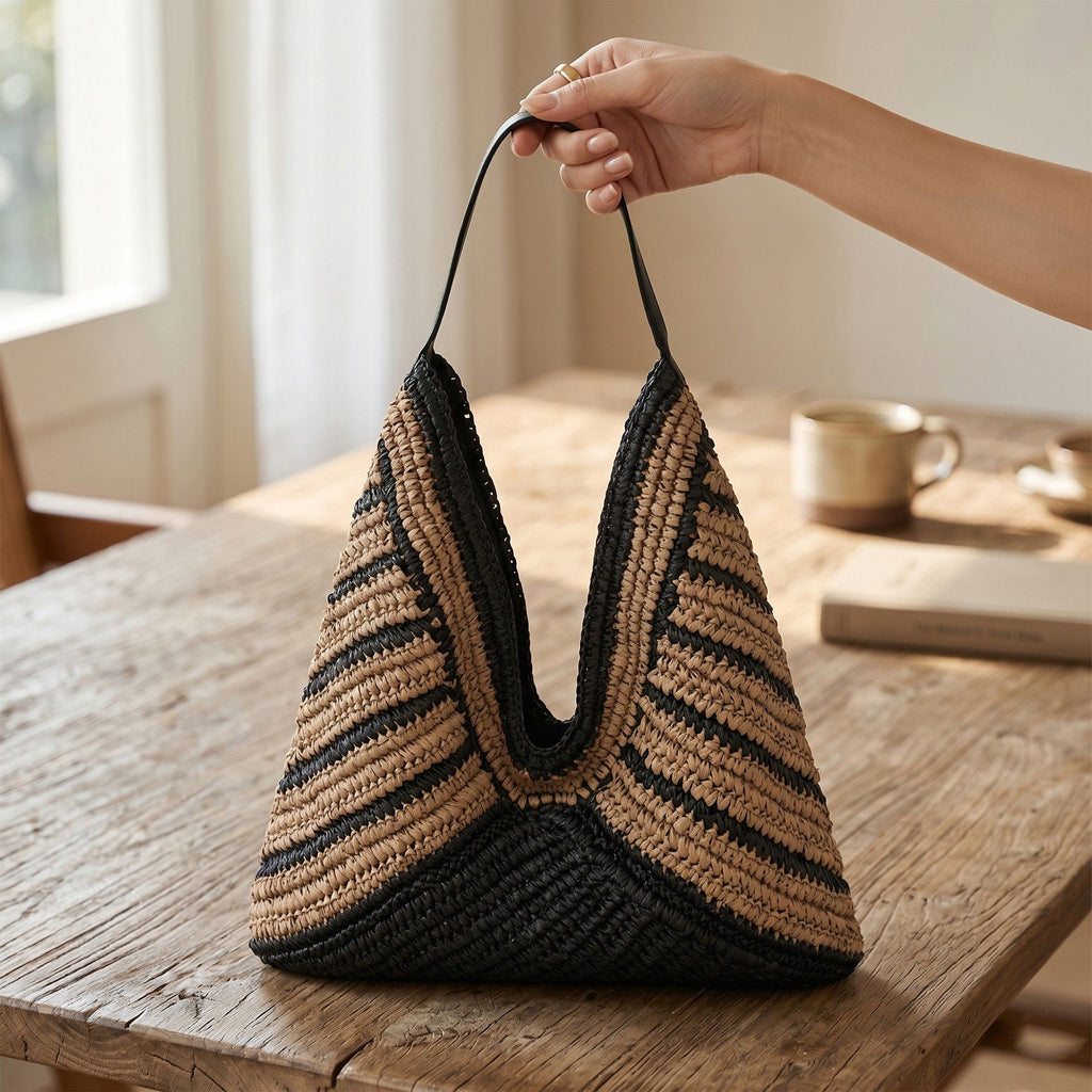 Woven Crochet Hobo Bag with Striped Pattern Slouchy Shoulder Handbag Lightweight Knit Tote