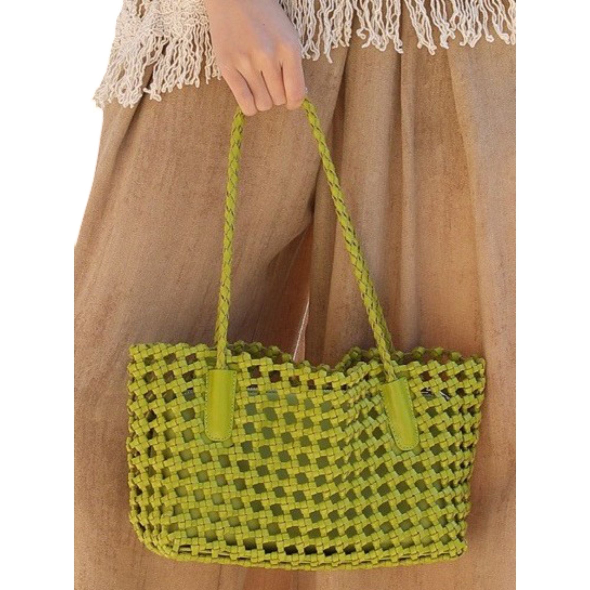 Open Weave Leather Tote Bag with Braided Shoulder Straps and Interior Zip Compartment