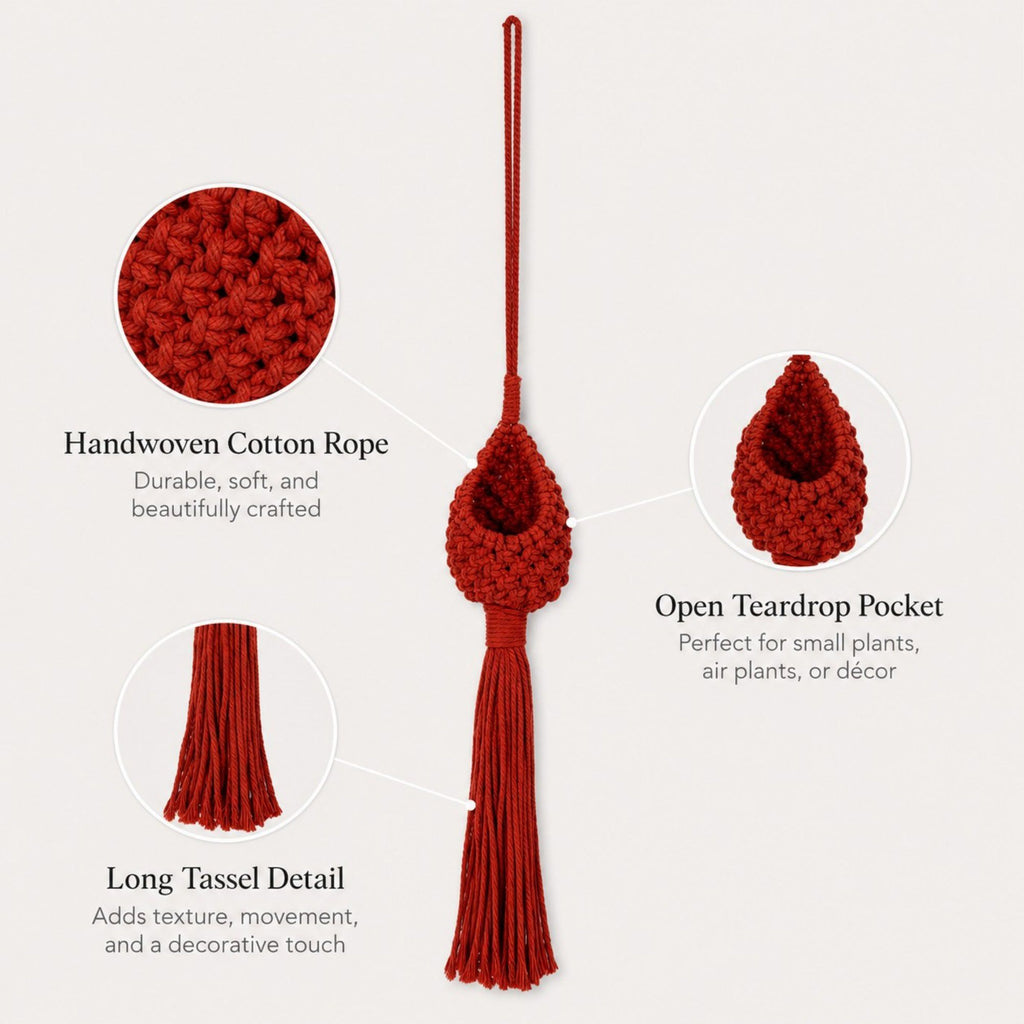 Macrame Hanging Basket with Wood Ring Tassel for Plant and Home Storage