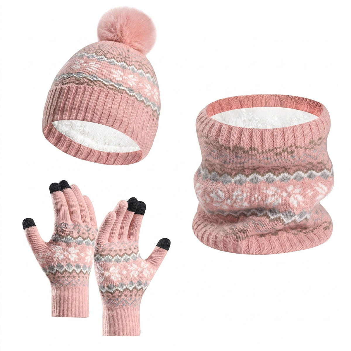 3 Piece Fair Isle Pom Beanie Neck Warmer and Gloves Set