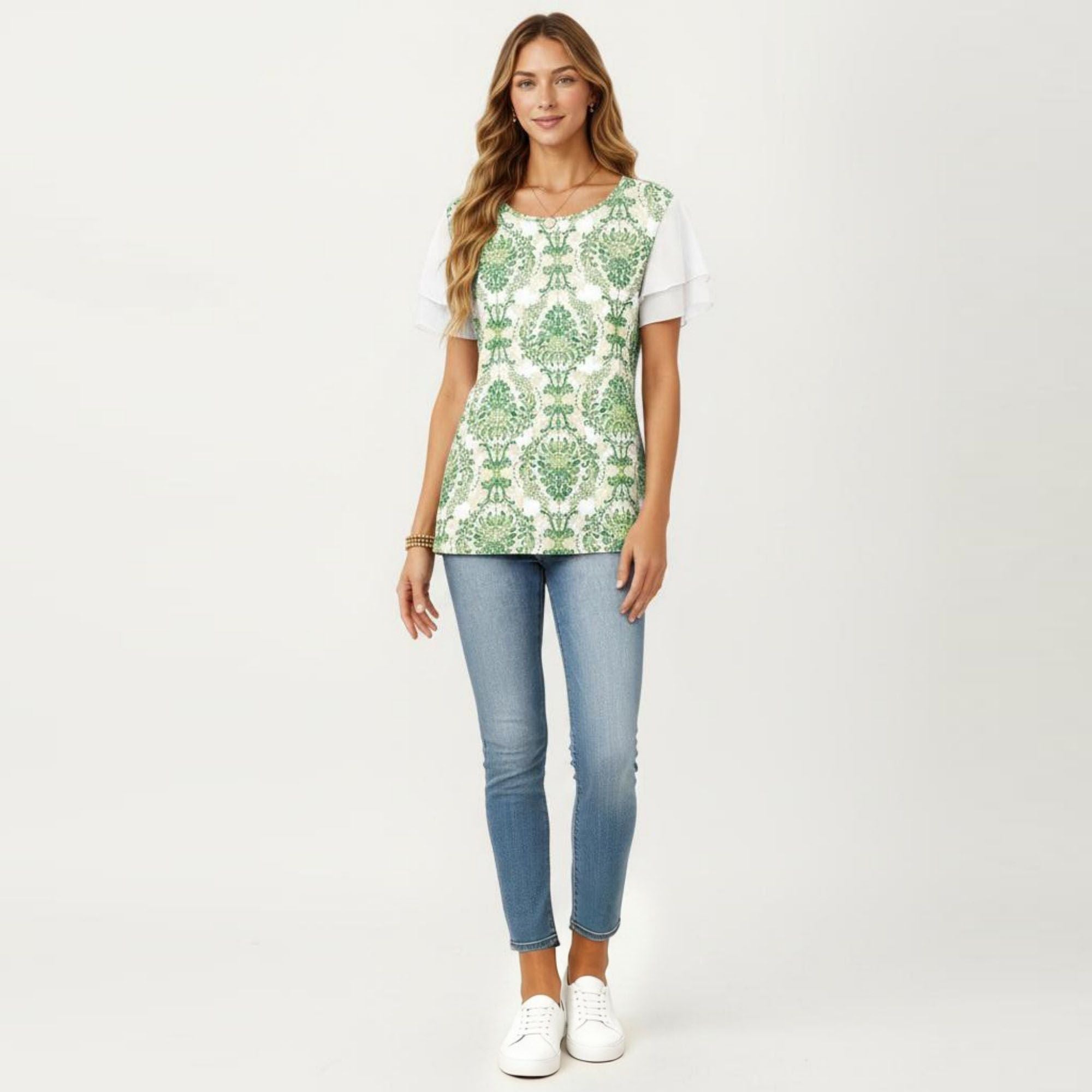 Anna-Kaci Women's Short Sleeve Top with Leopard Print Mesh Sleeves Round Neck Relaxed Fit Casual Shirt