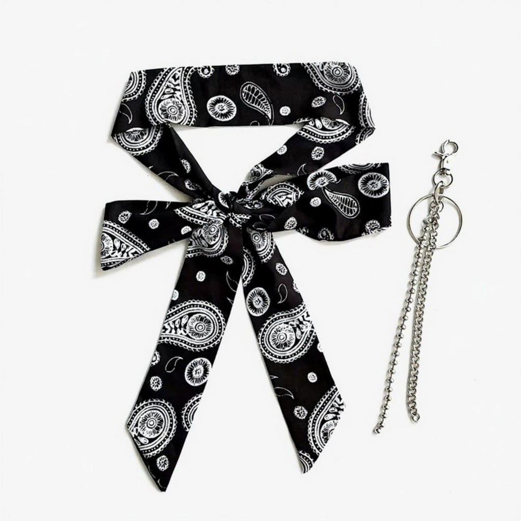 Anna-Kaci Women's Paisley Print Scarf Belt with Large Bow Tie Front and Metal Chain Accent 78.5in