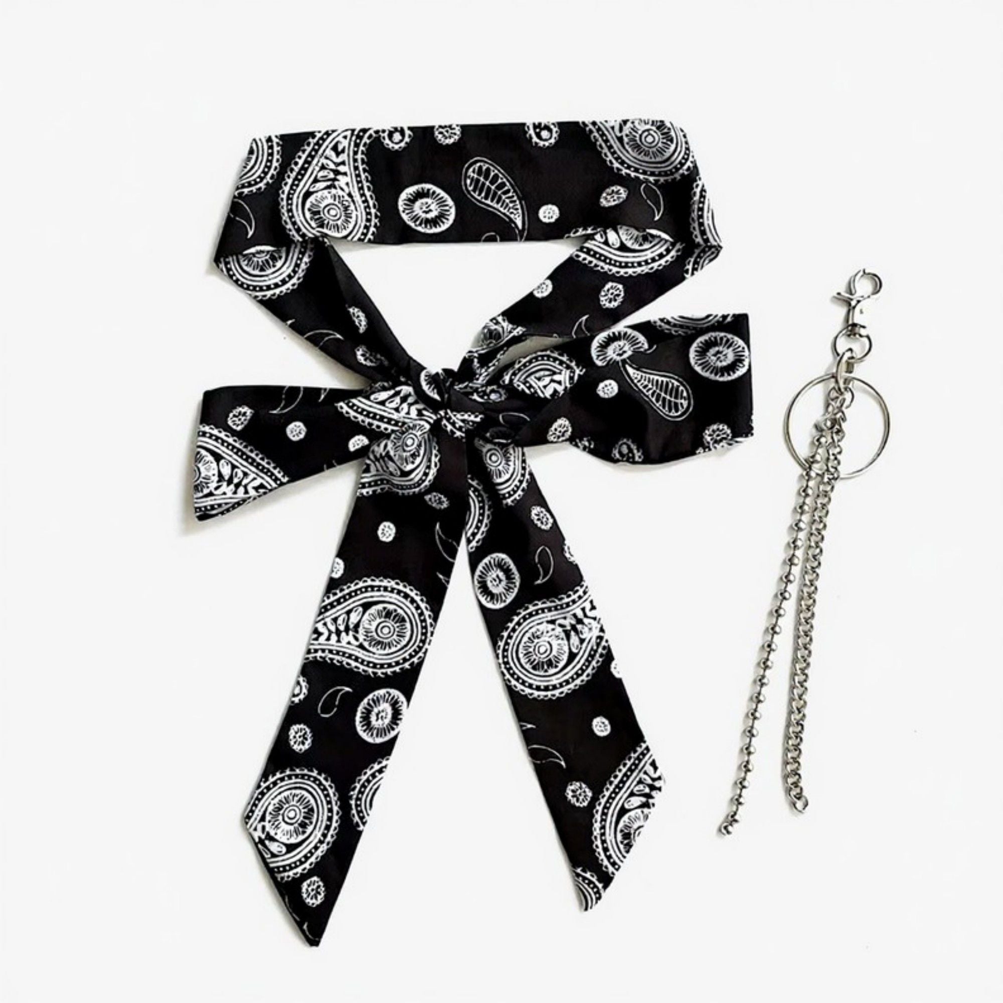 Anna-Kaci Women's Paisley Print Scarf Belt with Large Bow Tie Front and Metal Chain Accent 78.5in