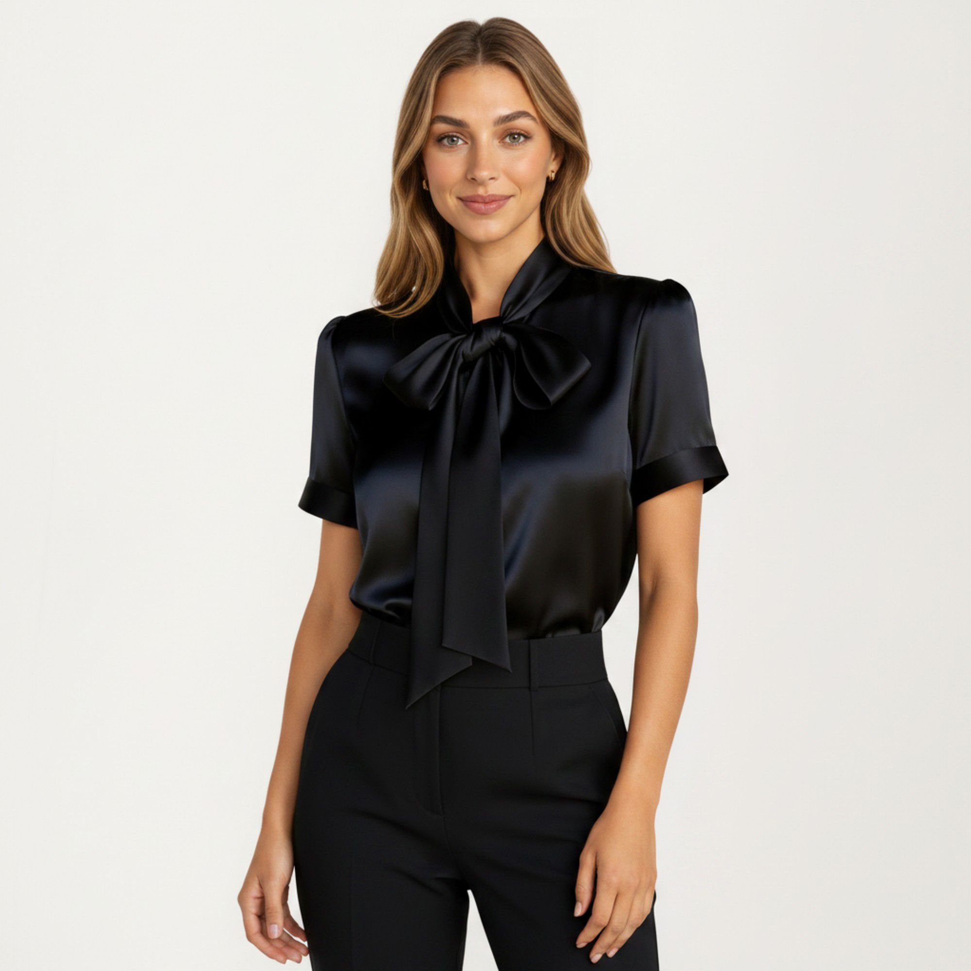 Anna-Kaci Women's Satin Bow Neck Blouse with Short Sleeves and Smooth Draped Finish