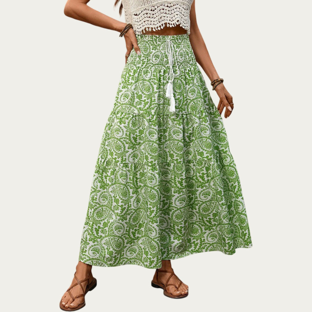 Anna-Kaci Women's High Waist Tiered Maxi Skirt with Paisley Print Drawstring Waist Tassel Tie Flowy A-Line Fit
