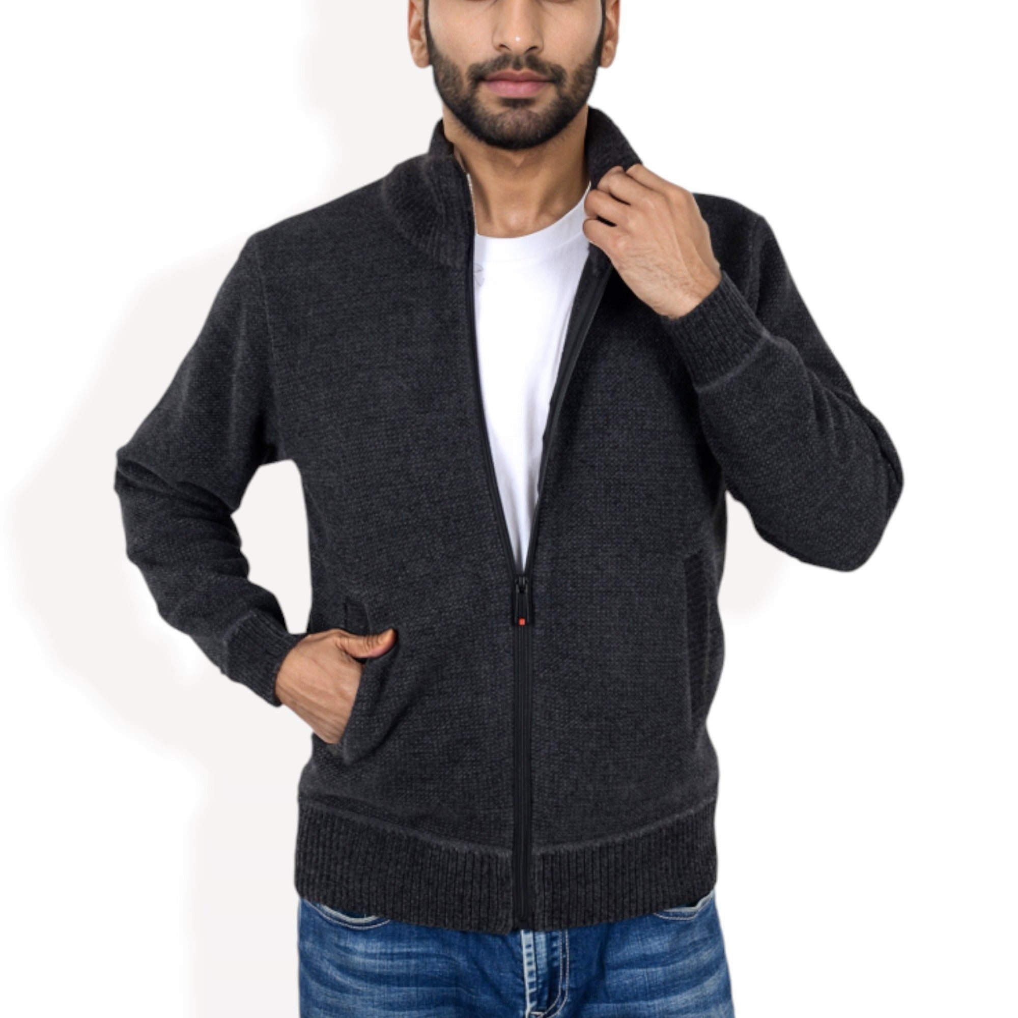 Anna-Kaci Men's Zip-Up Ribbed Knit Cardigan Sweater with Stand Collar
