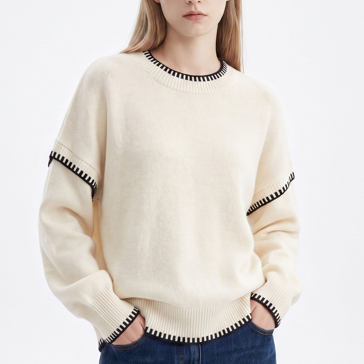 Contrast Stitch Crewneck Long Sleeve Knit Sweater