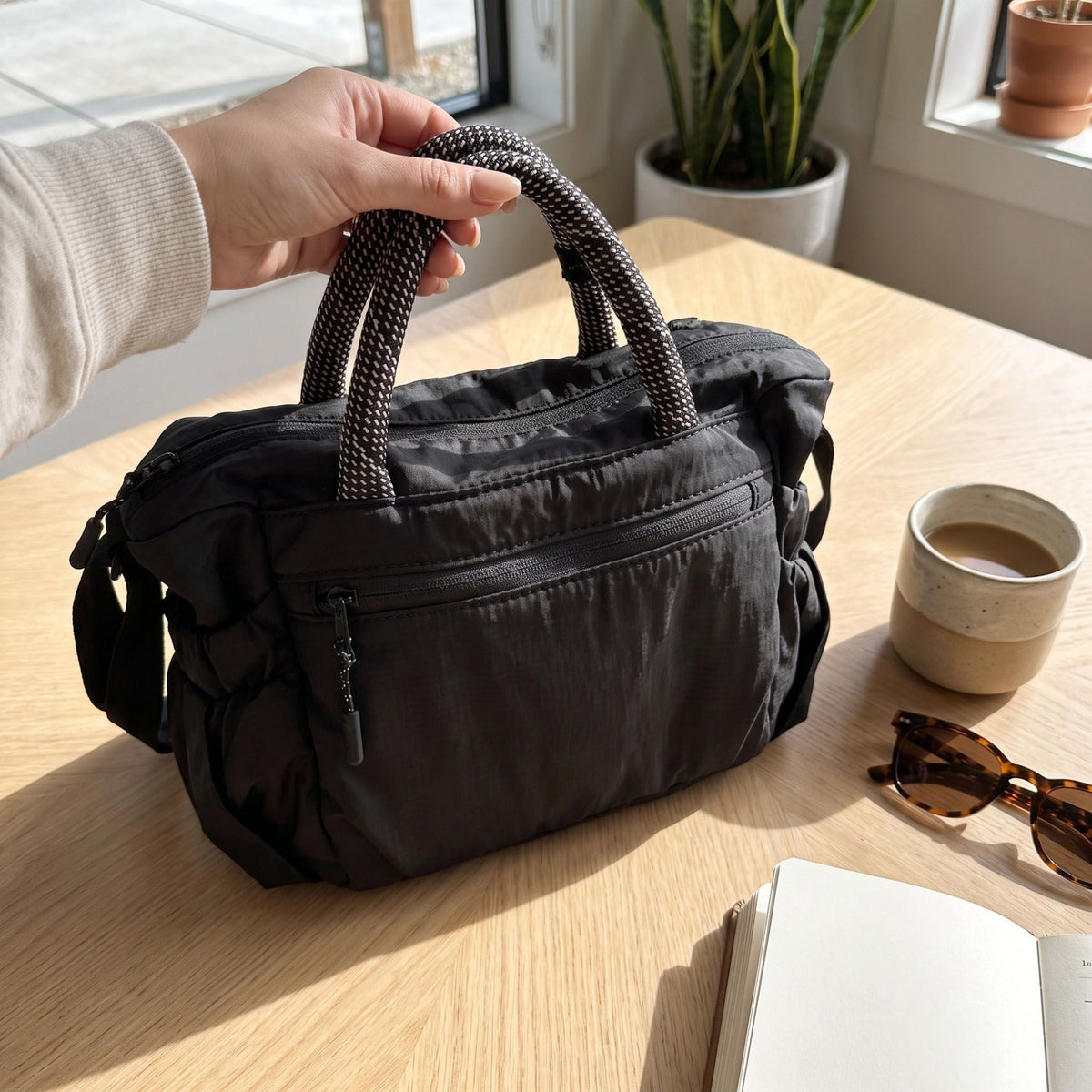 Nylon Crossbody Tote Bag with Top Handles and Multiple Zipper Pockets