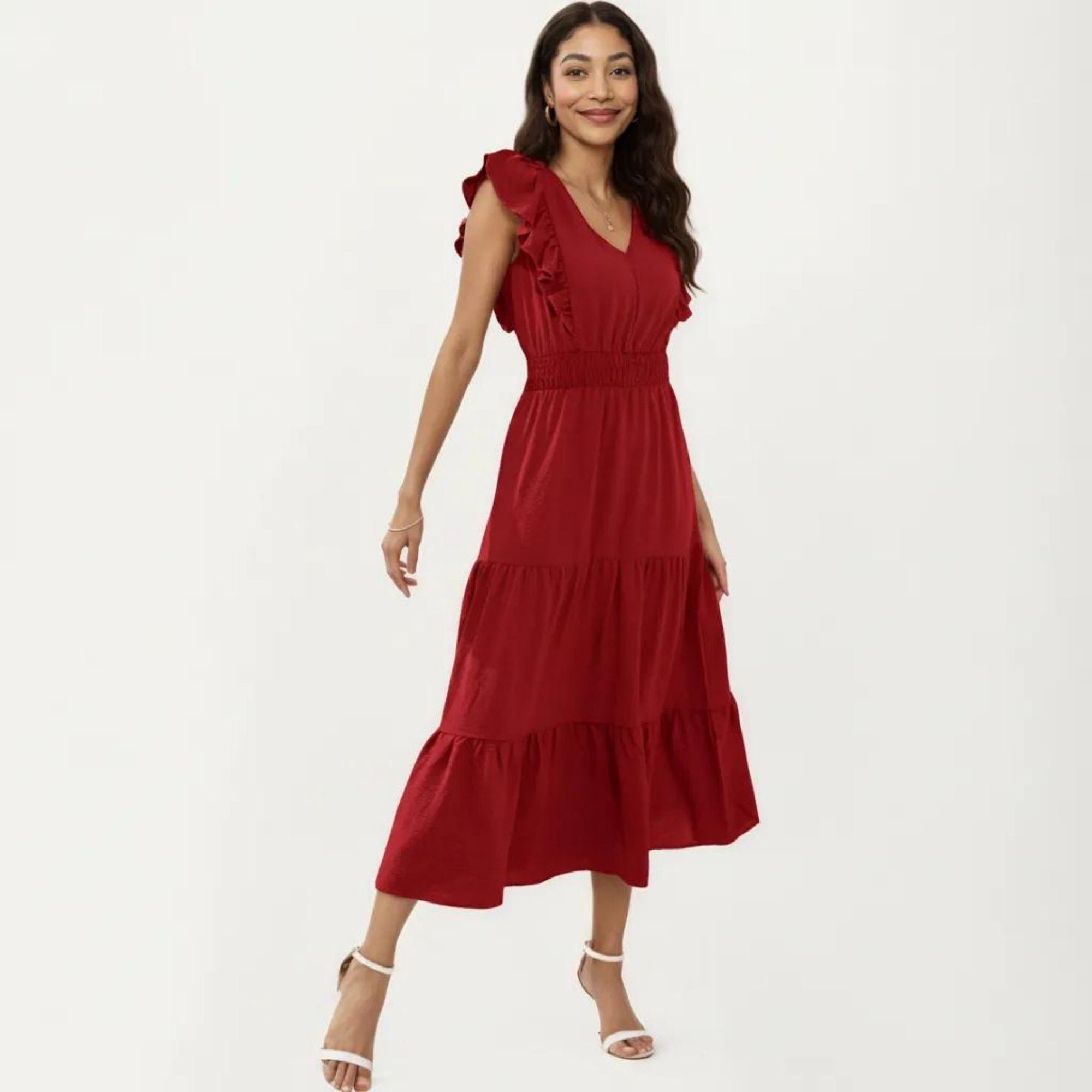 Anna-Kaci Women's Tiered Midi Dress with Ruffle Sleeves and Smocked Waist