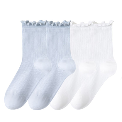 Anna-Kaci Women's 4-Pair Pack Soft Ribbed Ankle Socks with Ruffled Edge Trim Lightweight Knit Design in Multiple Color Combinations