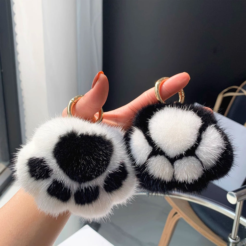2-PC Plush Paw Print Faux Fur Keychain with Metal Clip