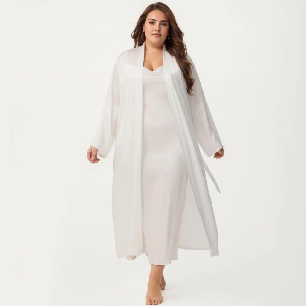 Anna-Kaci Lounge Women's Plus Size 2-Piece Satin Nightgown Set with Long Sleeve Open Front Robe Sleeveless Slip Dress Sleepwear