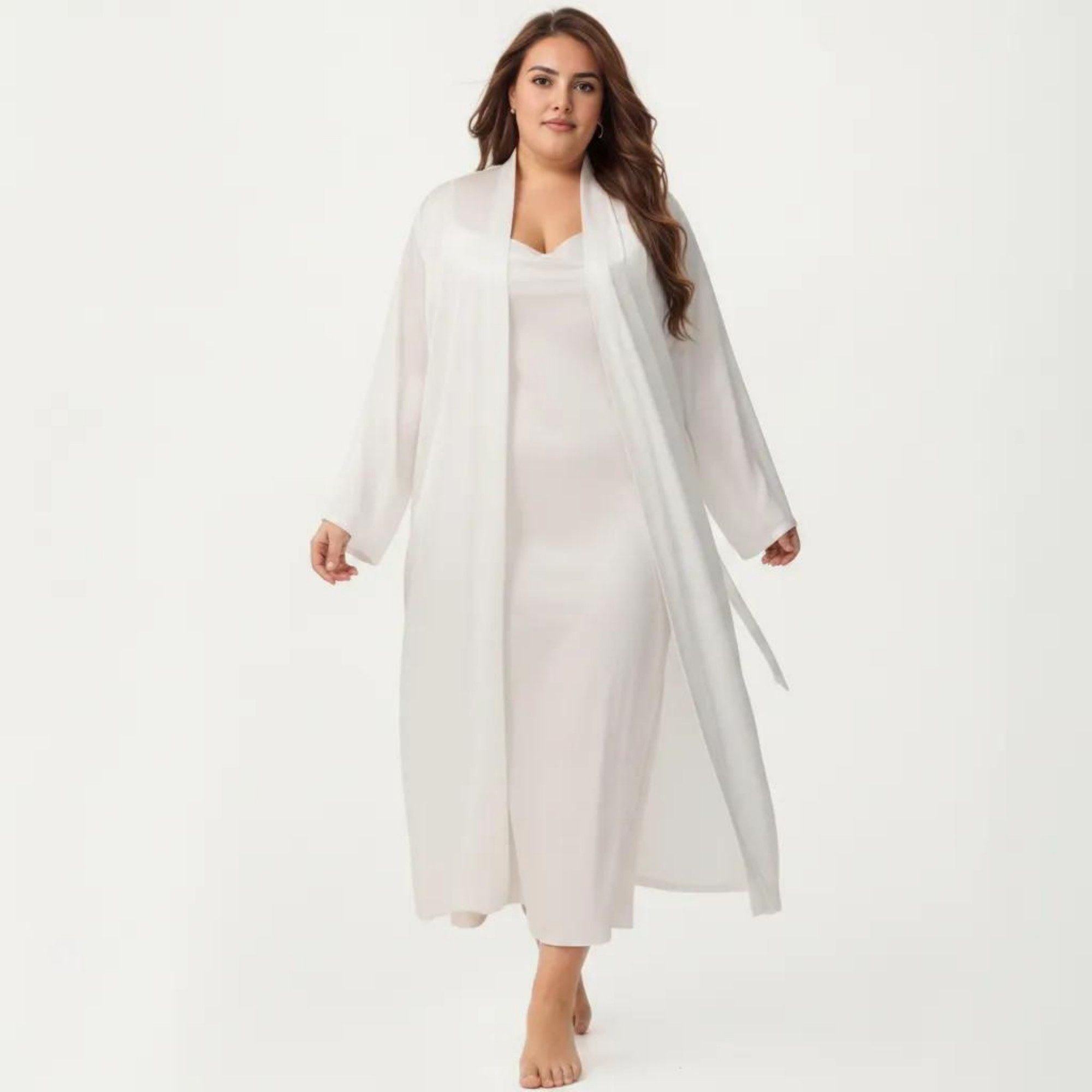 Anna-Kaci Lounge Women's Plus Size 2-Piece Satin Nightgown Set with Long Sleeve Open Front Robe Sleeveless Slip Dress Sleepwear