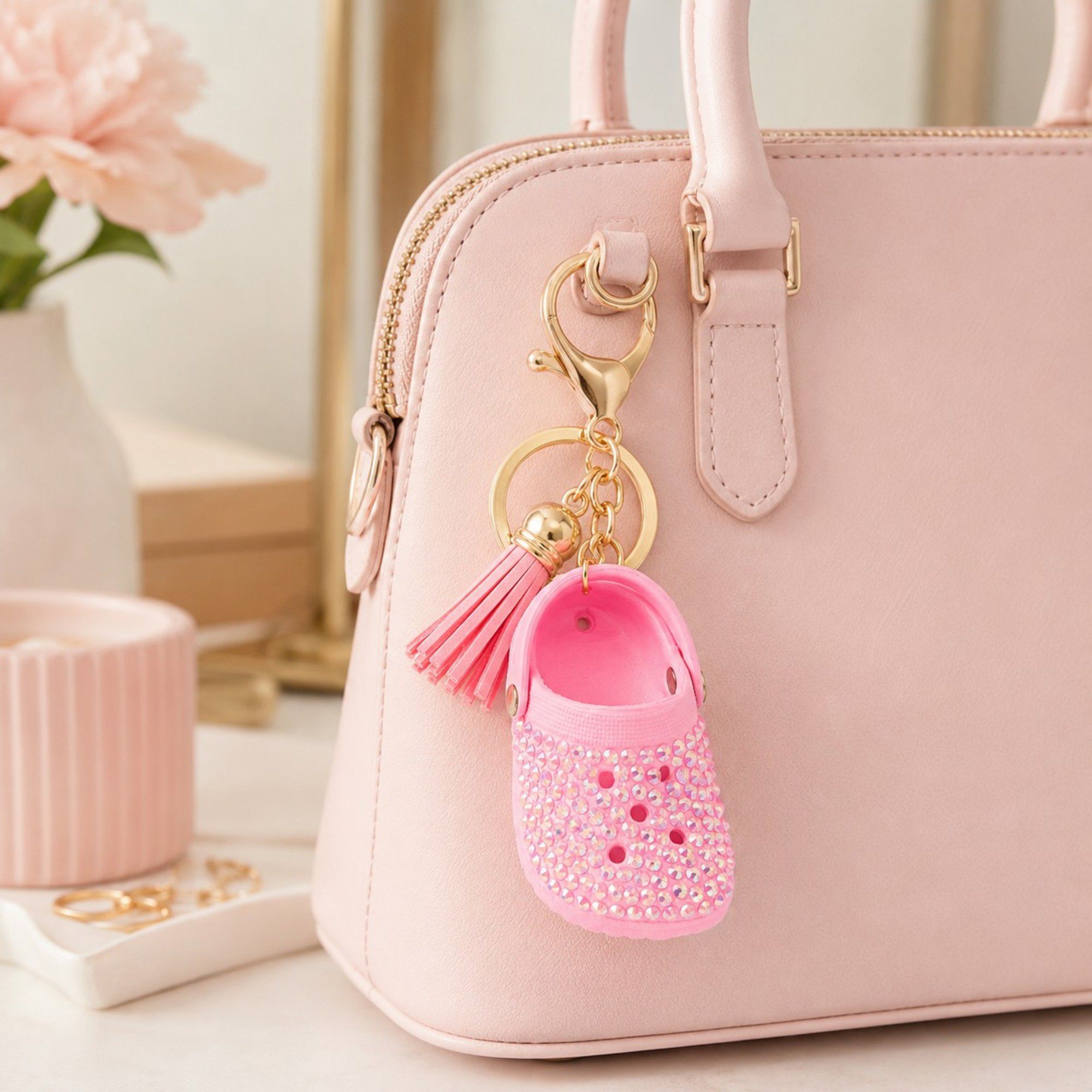 Rhinestone Mini Clog Keychain Bag Charm with Tassel Gold Tone Clip and Key Ring