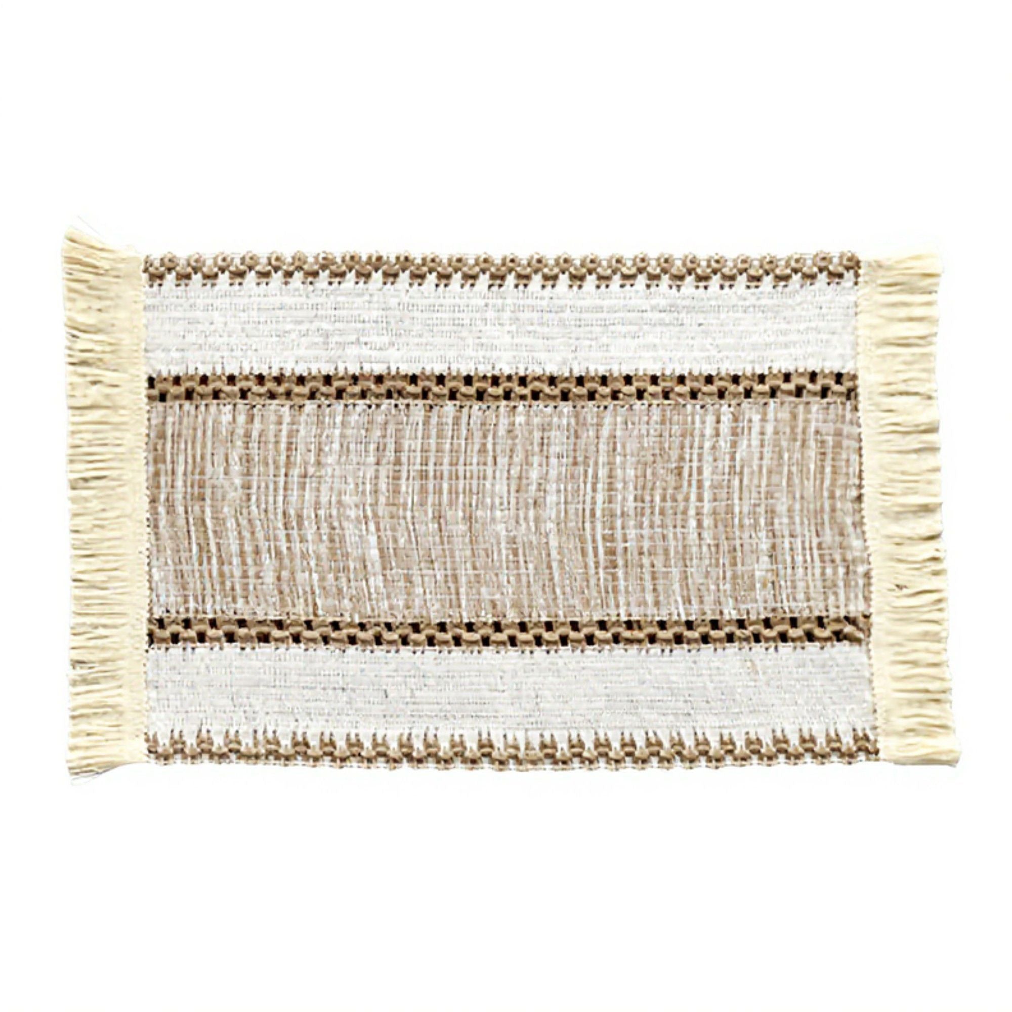 4 Set Woven Rectangular Placemats with Textured Stripes and Fringe Edges 11.8x19.5 in