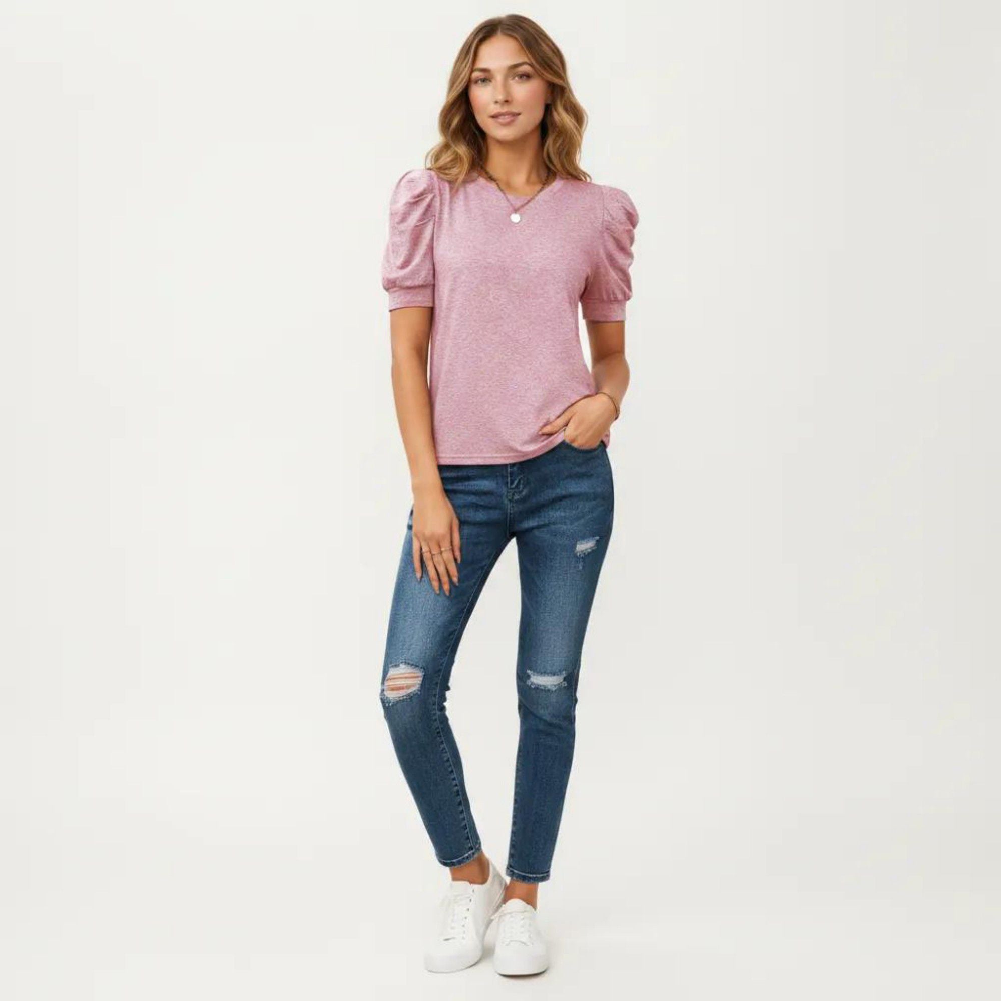 Anna-Kaci Women's Short Sleeve Puff Sleeve Knit Top with Crew Neck and Soft Textured Fabric