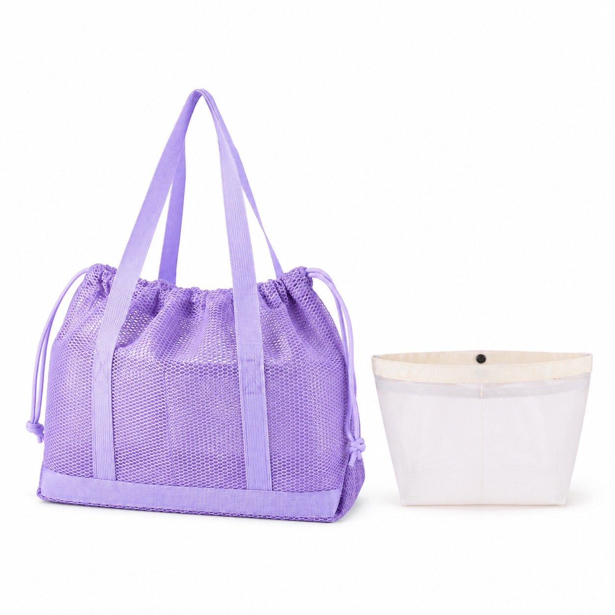 Mesh Drawstring Tote Bag with Carry Handles and Organizer Pouch