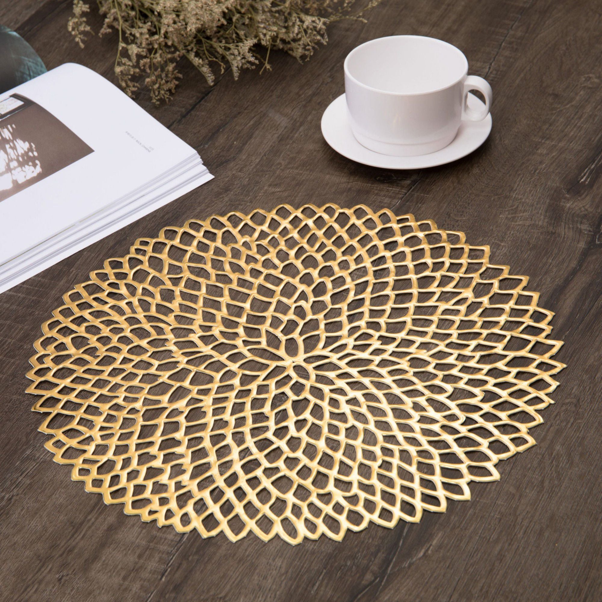 4 Set Round Geometric Cutout Placemats with Modern Floral Design 15in