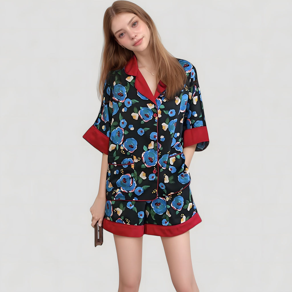 Anna-Kaci Lounge Women's Floral Print Pajama Set with Contrast Trim and Short Sleeve Button-Up Top