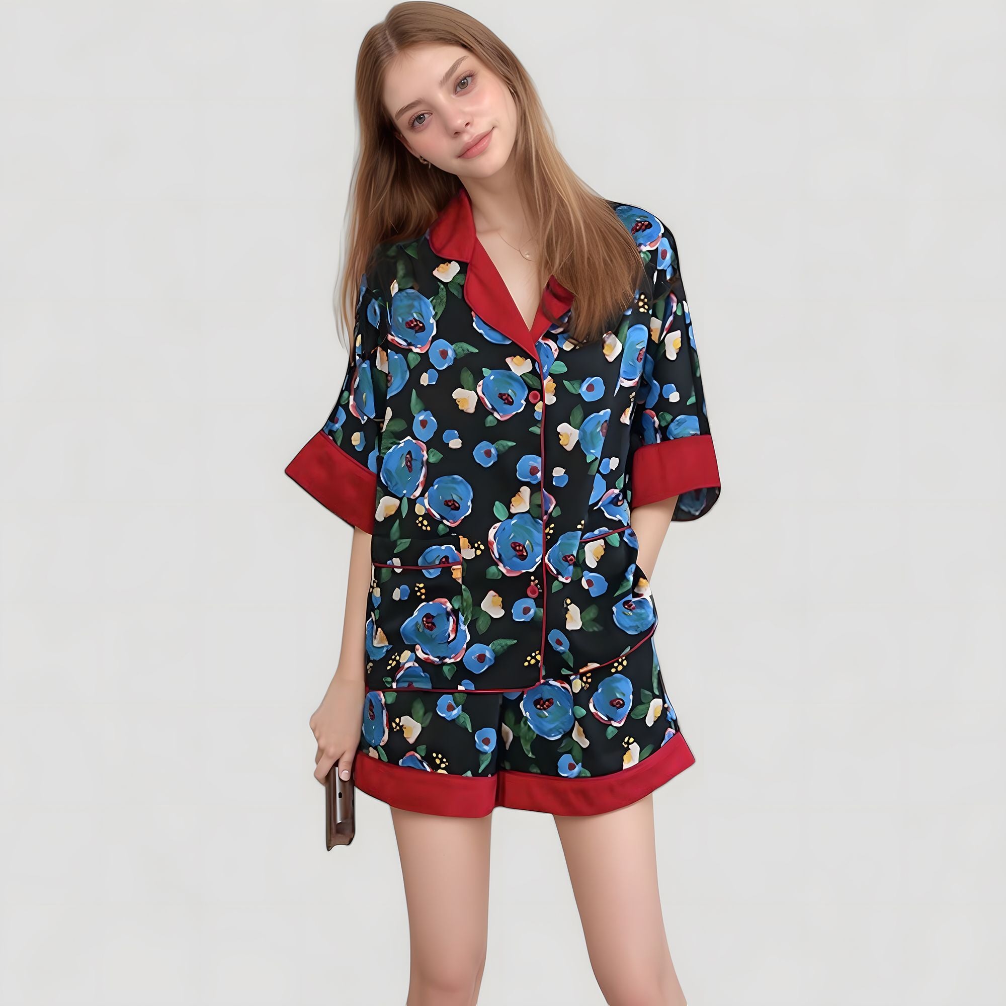 Anna-Kaci Lounge Women's Floral Print Pajama Set with Contrast Trim and Short Sleeve Button-Up Top