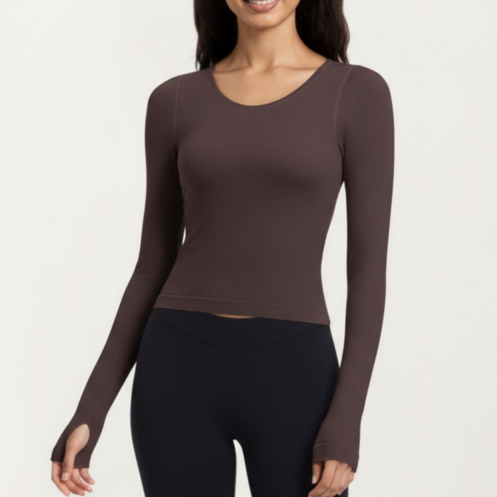 Anna-Kaci Active Women's Ribbed Long Sleeve Fitted Top with Crew Neck and Thumbhole Cuffs