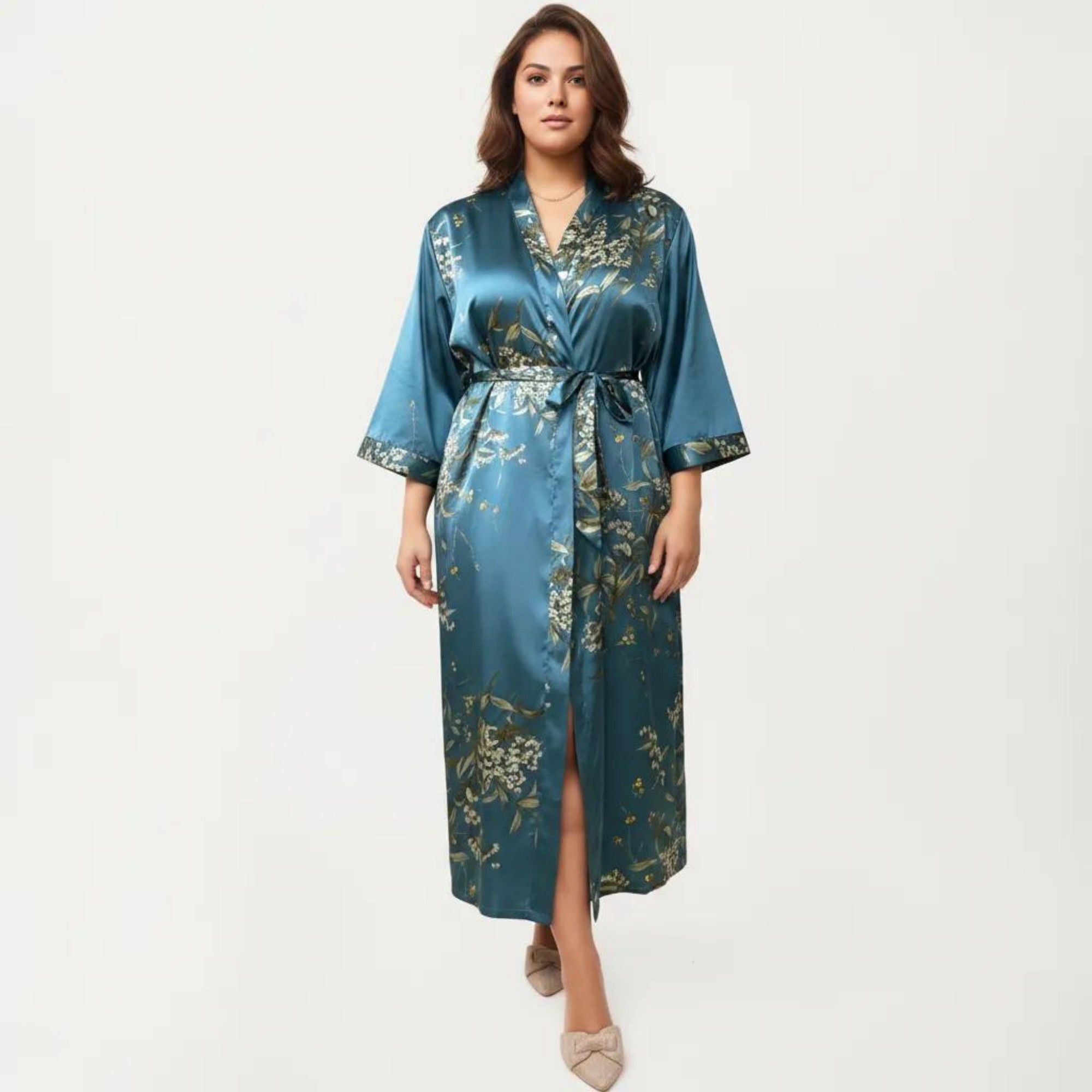 Anna-Kaci Lounge Women's Plus Size Satin Floral Kimono Robe with Self Tie Belt Longline Open Front Lightweight Sleepwear