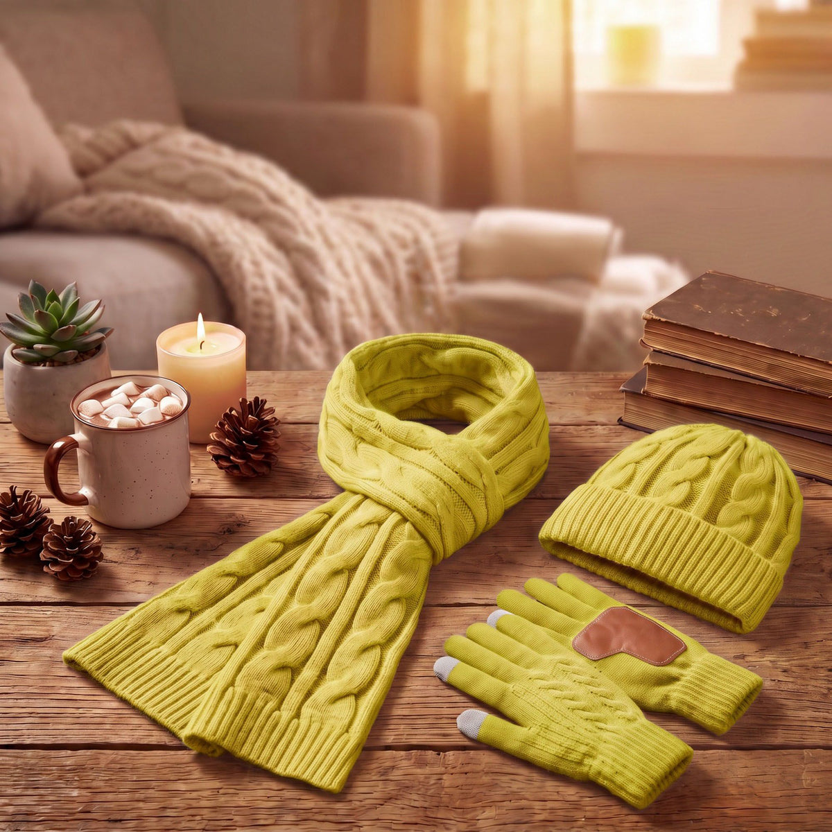 3 Piece Cable Knit Beanie Scarf and Touchscreen Gloves Set