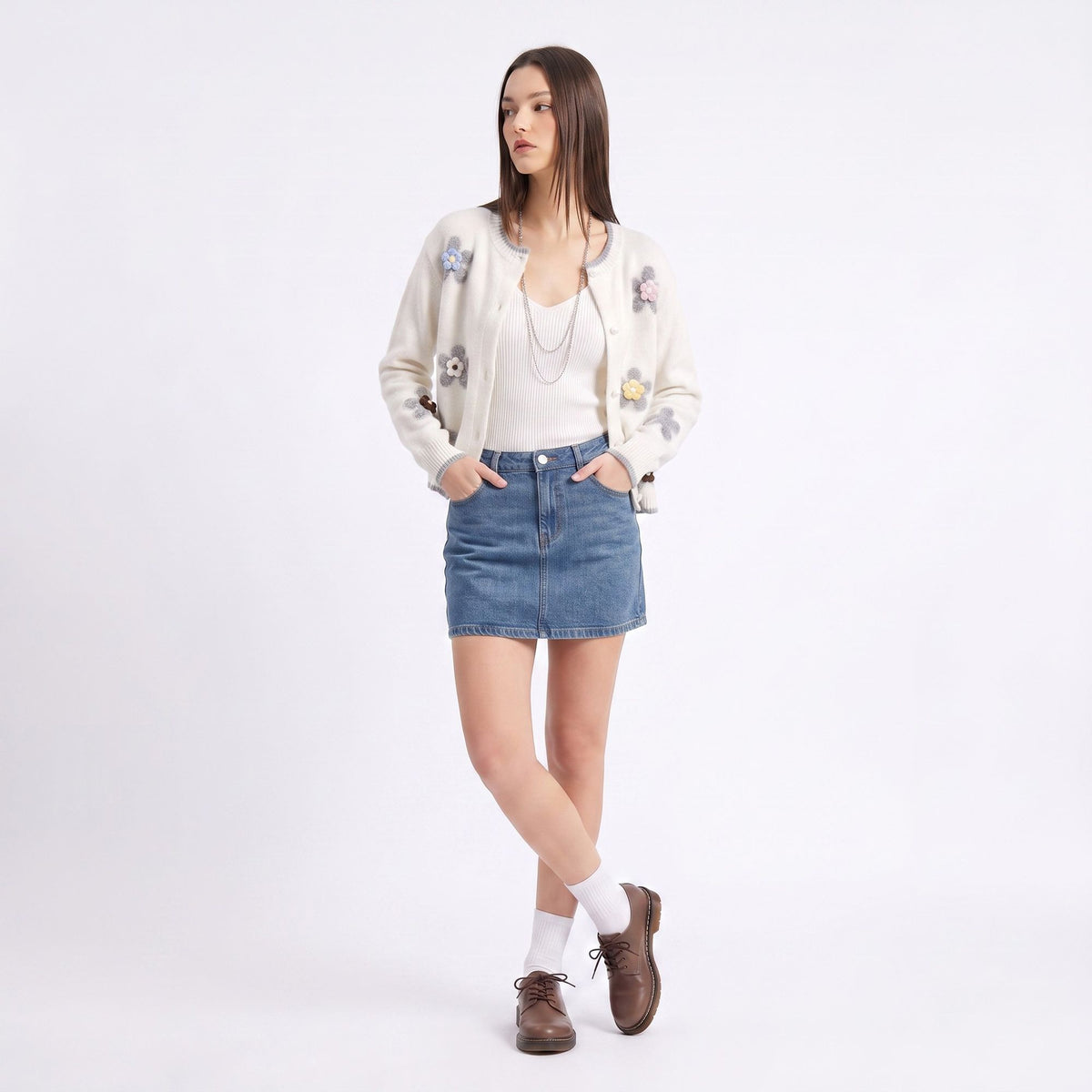 3D Floral Pearl Button Fuzzy Knit Cardigan Sweater