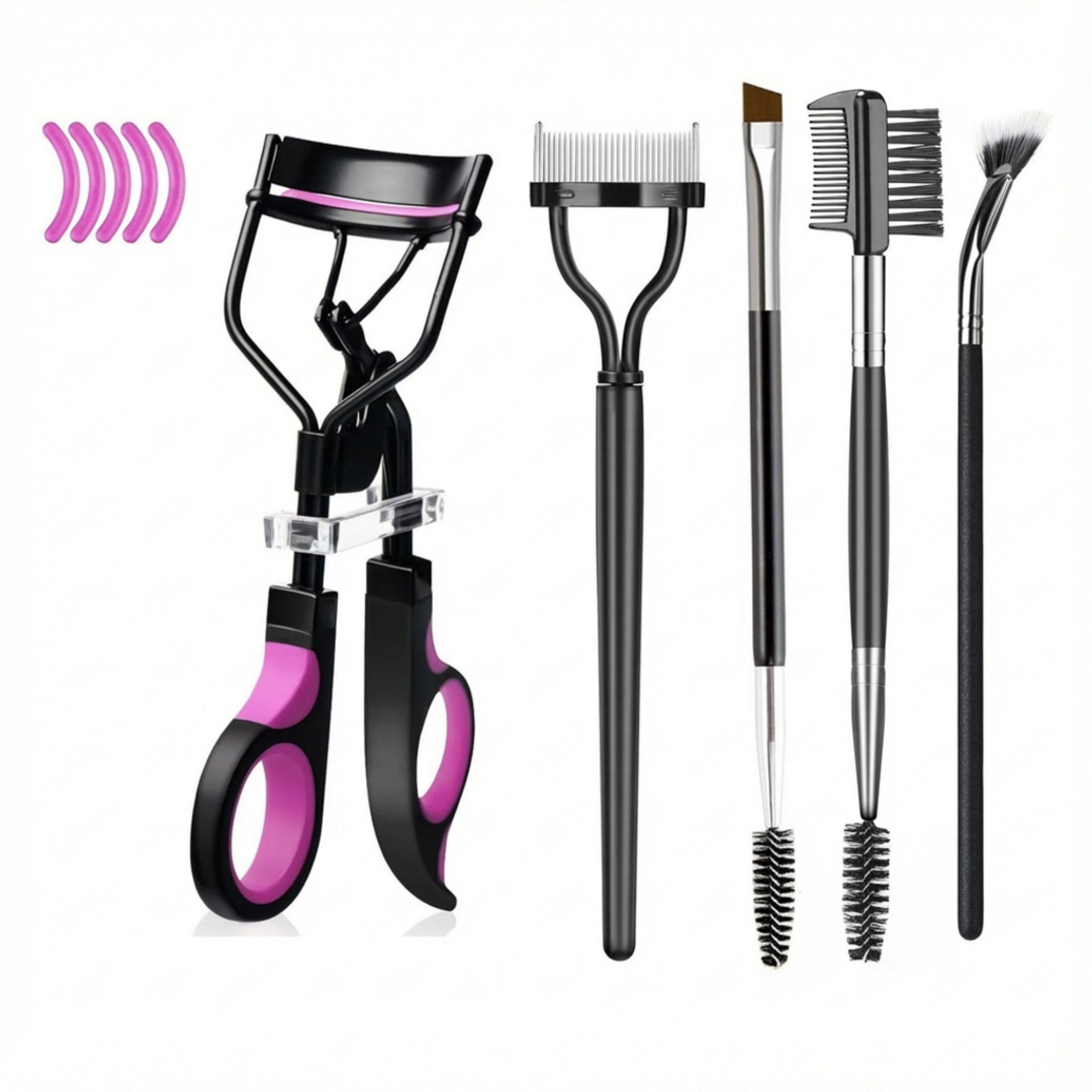 Eyelash Curler and Brow Grooming Tool Set with Replacement Pads and Precision Makeup Brushes