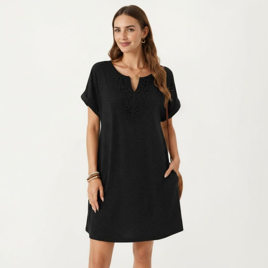 Anna-Kaci Women's Short Sleeve Shift Dress with Split V Neck Embroidered Detail Relaxed Fit Casual Tunic Dress