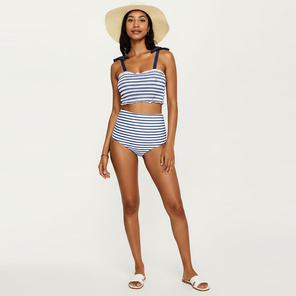 Anna-Kaci Swim Women's Maternity Striped Smocked Bikini Set with Tie-Shoulder Top and High-Waisted Bottom