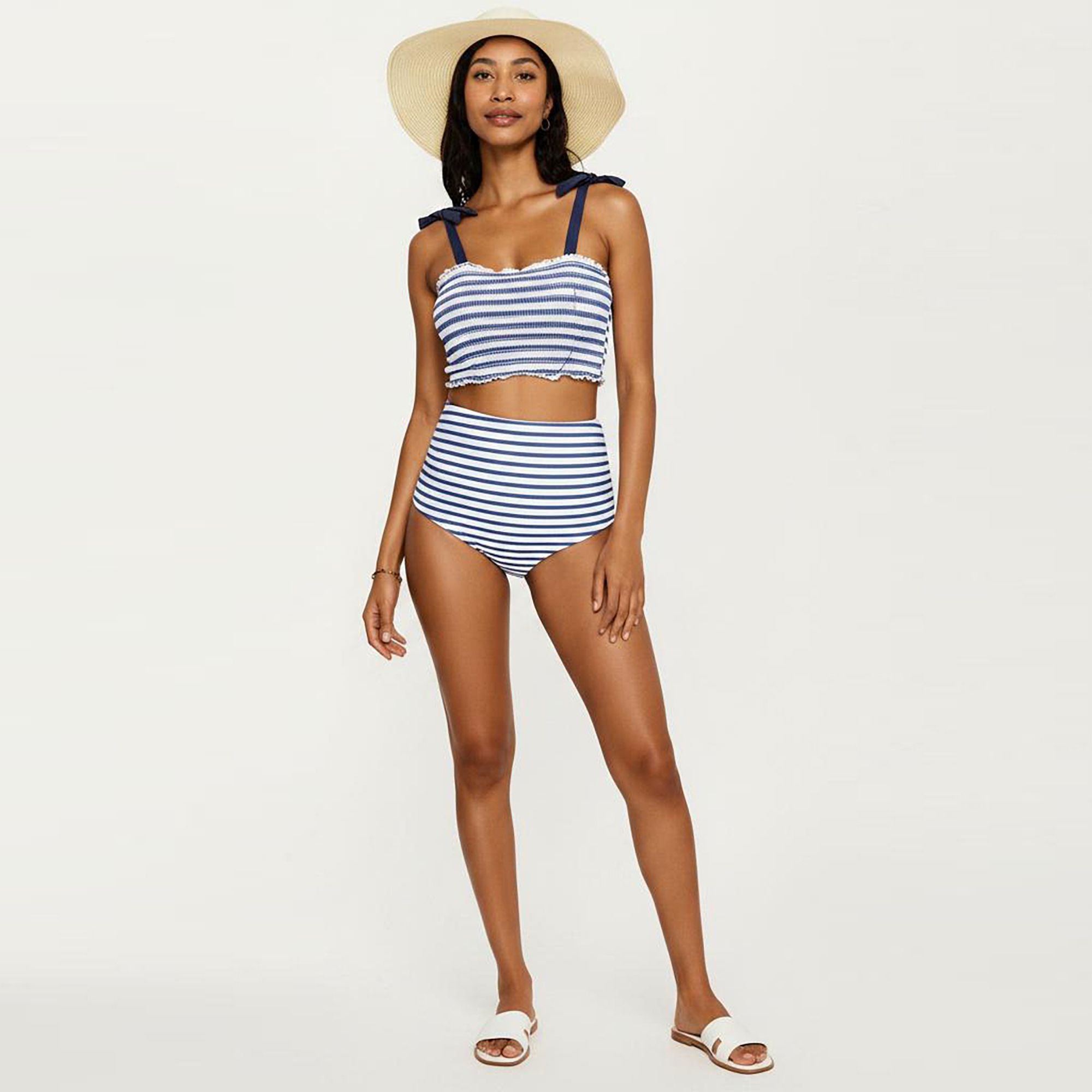 Anna-Kaci Swim Women's Maternity Striped Smocked Bikini Set with Tie-Shoulder Top and High-Waisted Bottom