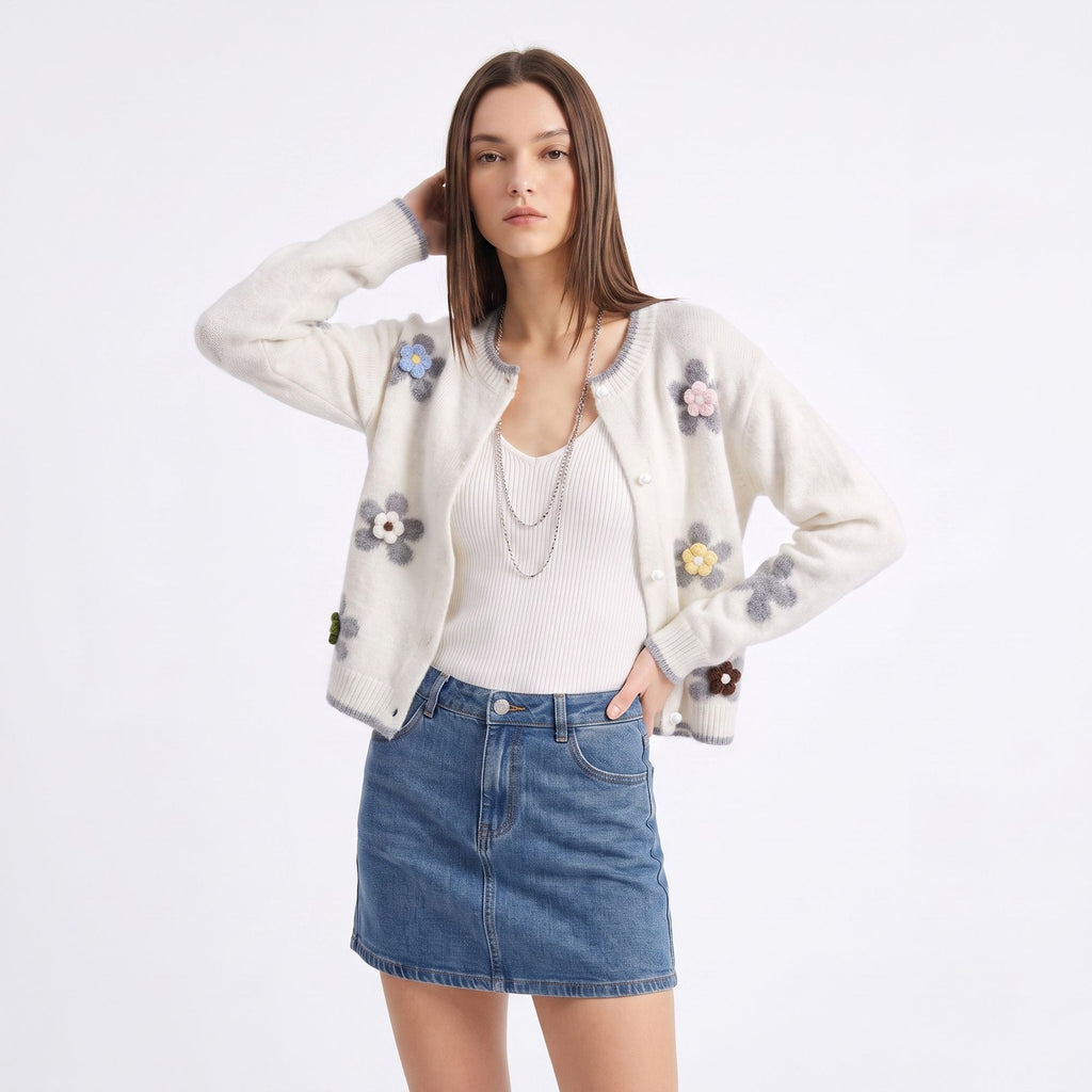 3D Floral Pearl Button Fuzzy Knit Cardigan Sweater