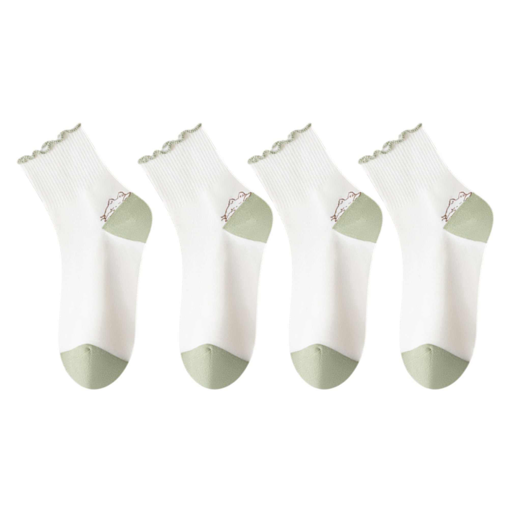 Anna-Kaci 4 Pairs Mid-Crew Ruffle Trim Socks with Contrast Toe Heel and Cat Embroidery Design