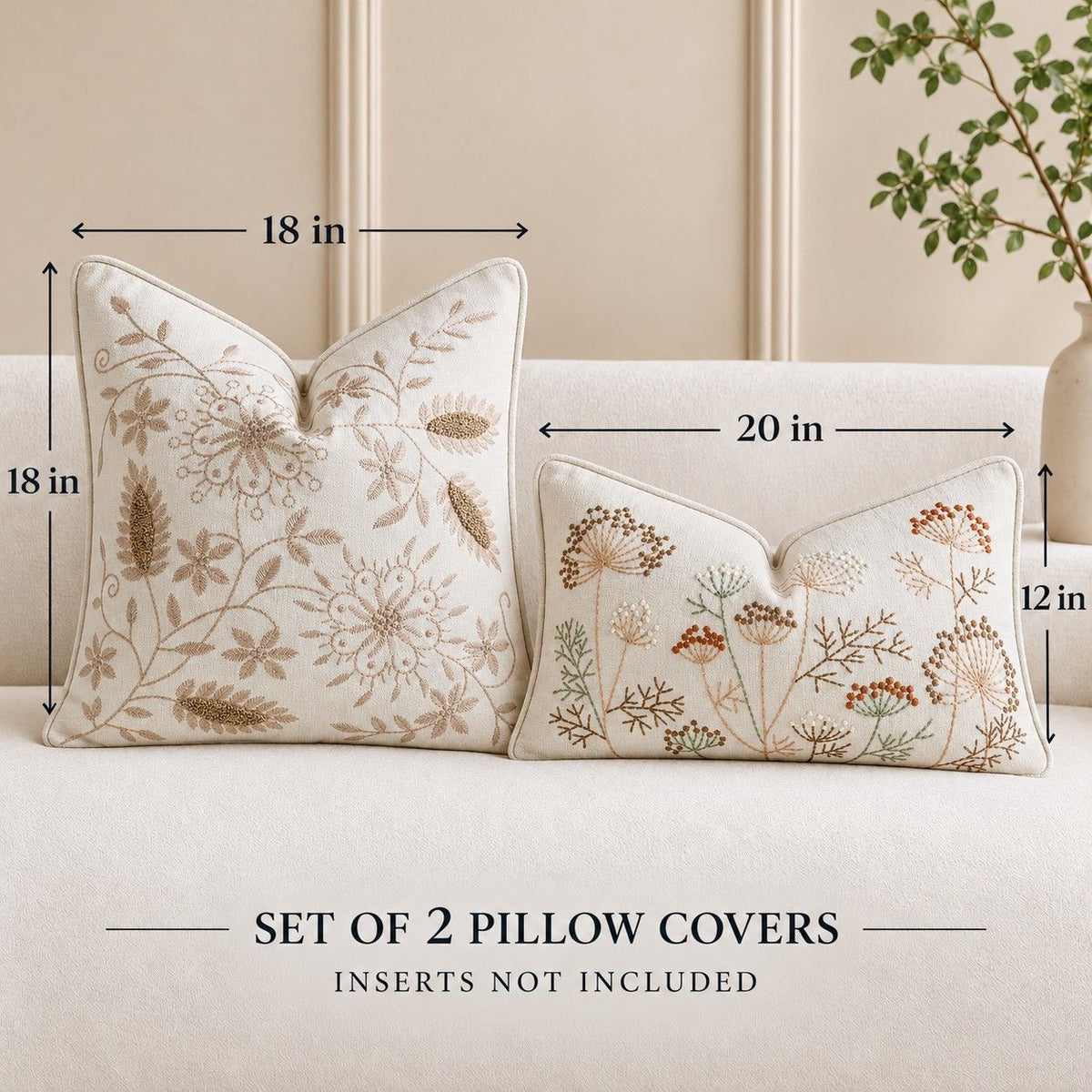 2 Pack Embroidered Floral Throw Pillow Covers 18 x 18 and 12 x 20 Inch