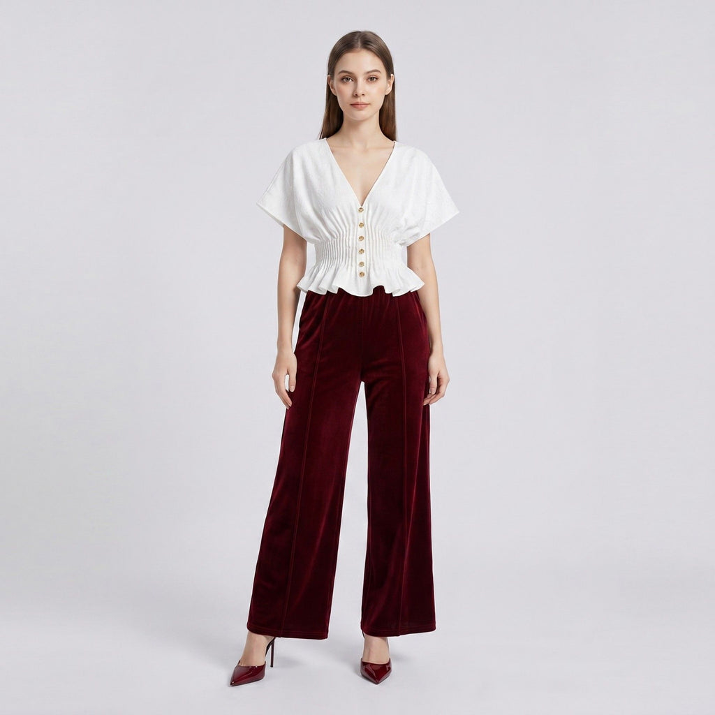 Anna-Kaci Women's V Neck Button Front Peplum Blouse with Smocked Waist Short Flutter Sleeves and Textured Fabric