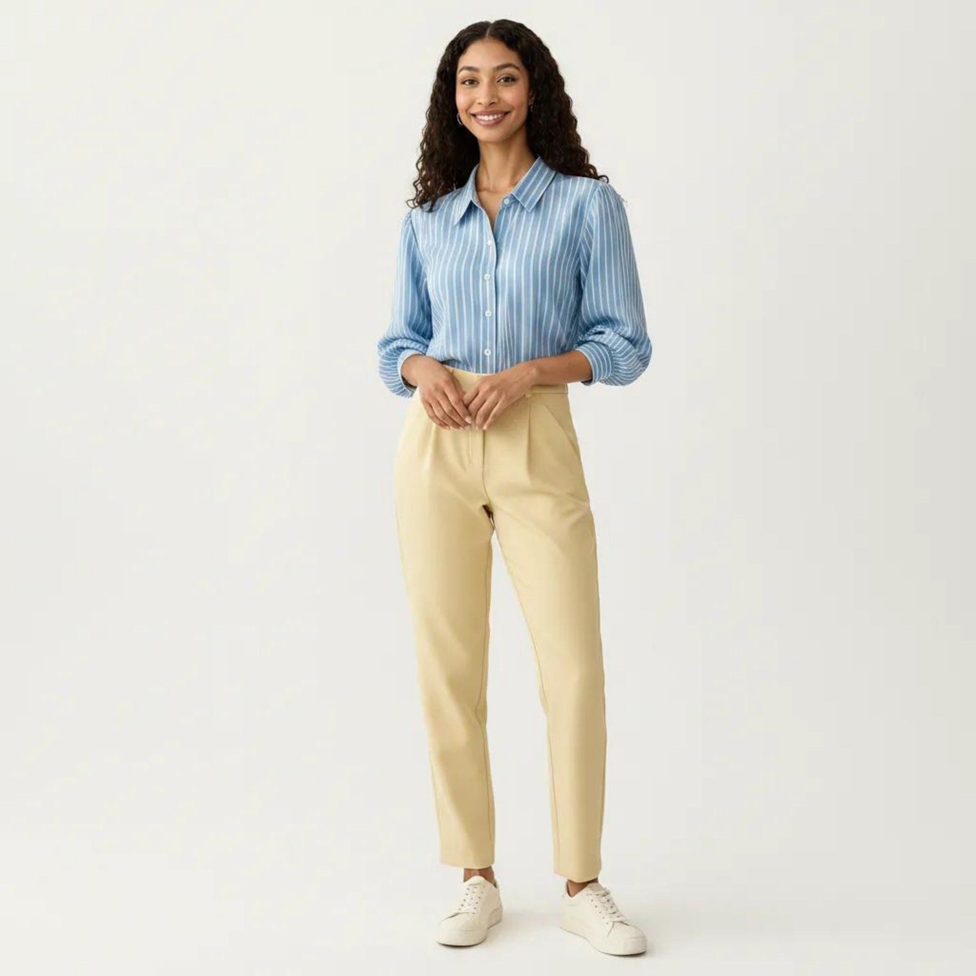 Anna-Kaci Women's Striped Button Down Blouse with Collared Neckline and Puff Sleeves