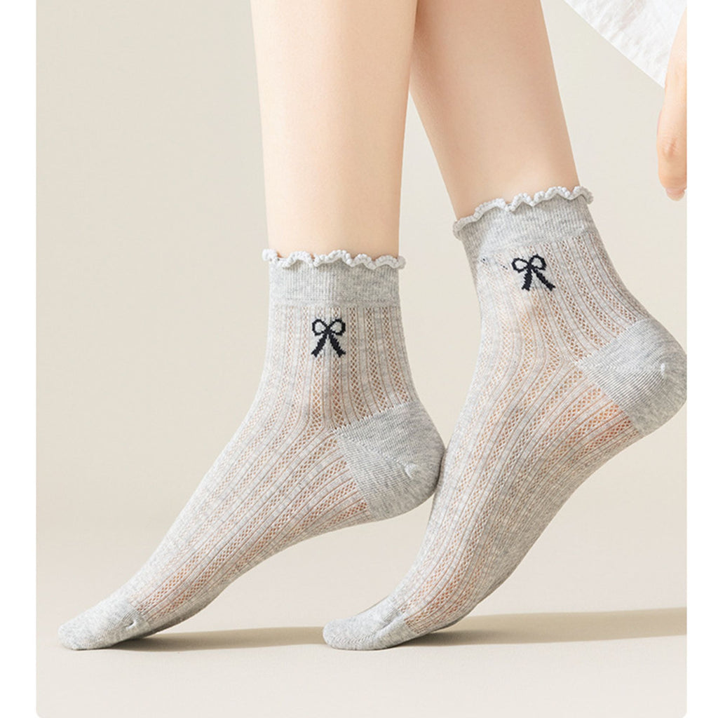 Anna-Kaci Women's 4-Pair Pack Sheer Ribbed Ankle Socks with Ruffled Trim and Embroidered Bow Detail in Multiple Color Combinations