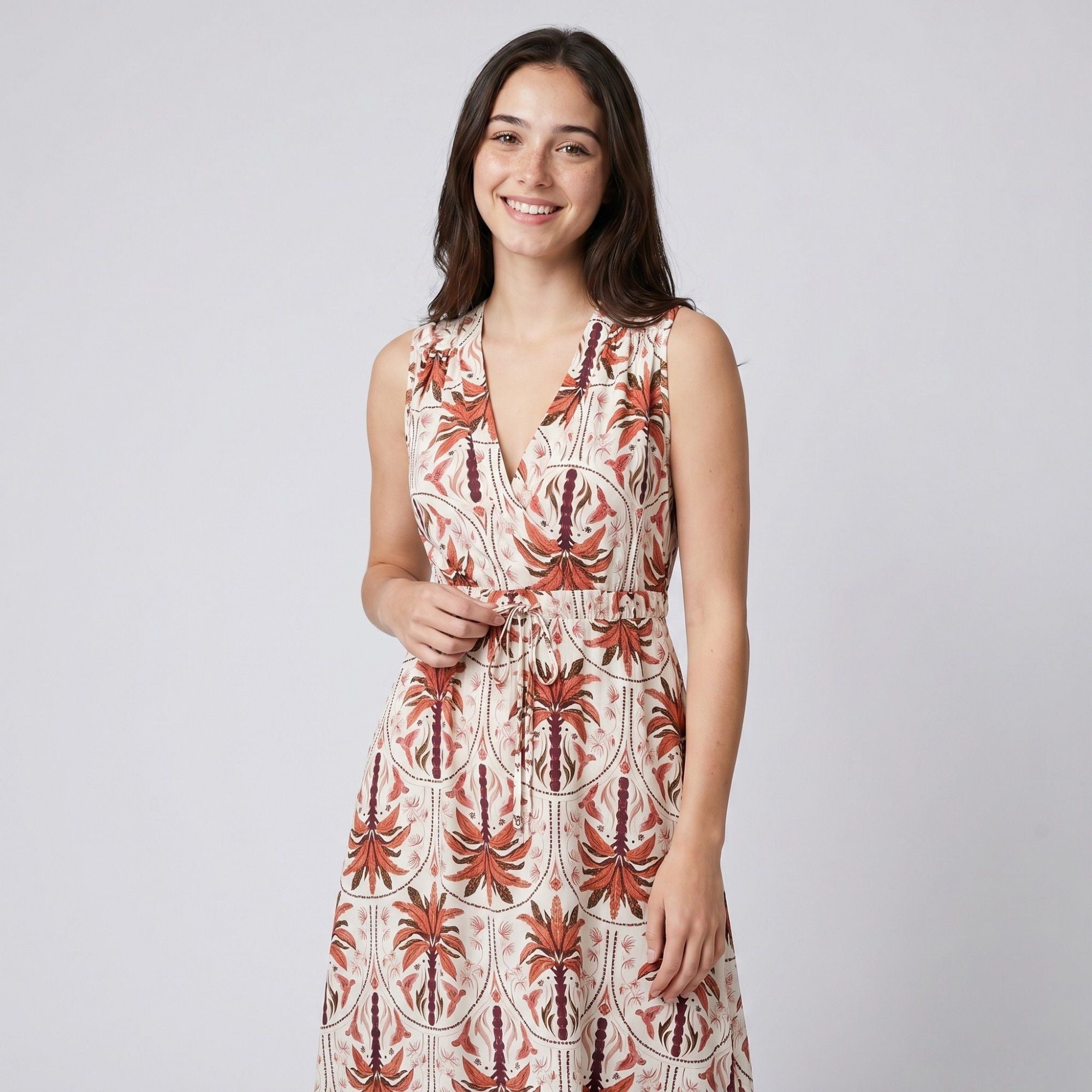 Botanical Print Sleeveless V-Neck Tie Waist Maxi Dress with Side Pockets and Relaxed A-Line Silhouette