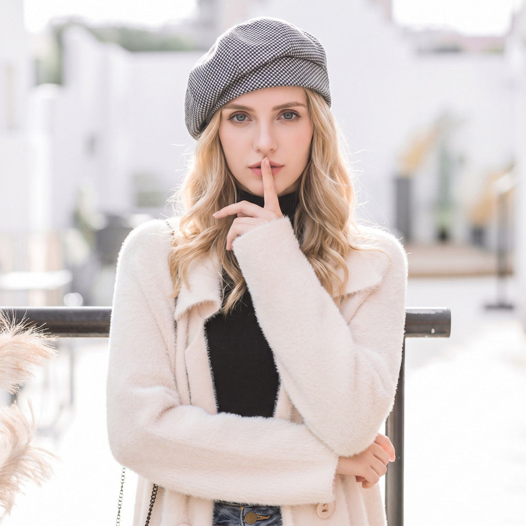 Wool Blend Houndstooth Beret Hat Vintage Painter Cap for Fall Winter