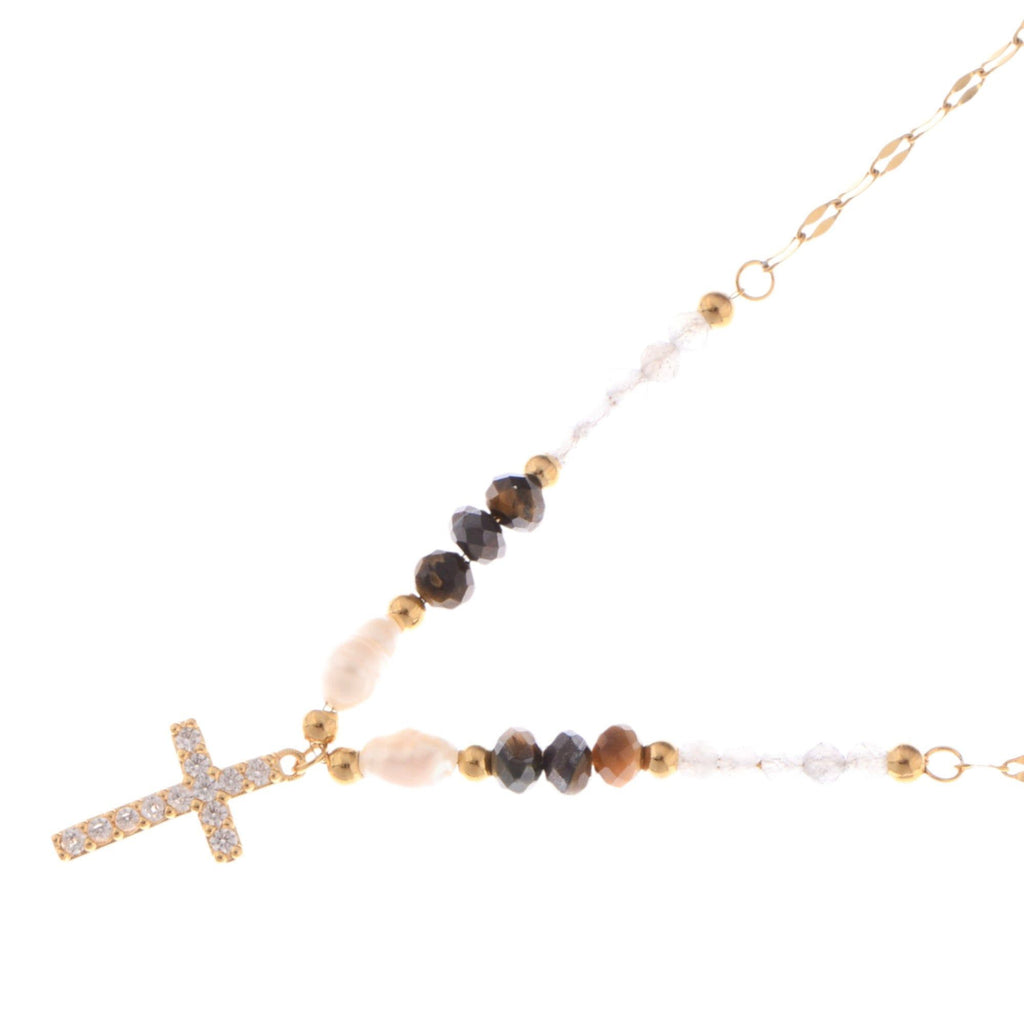 Beaded Cross Pendant Fashion Necklace with Faceted Stones and Gold Chain