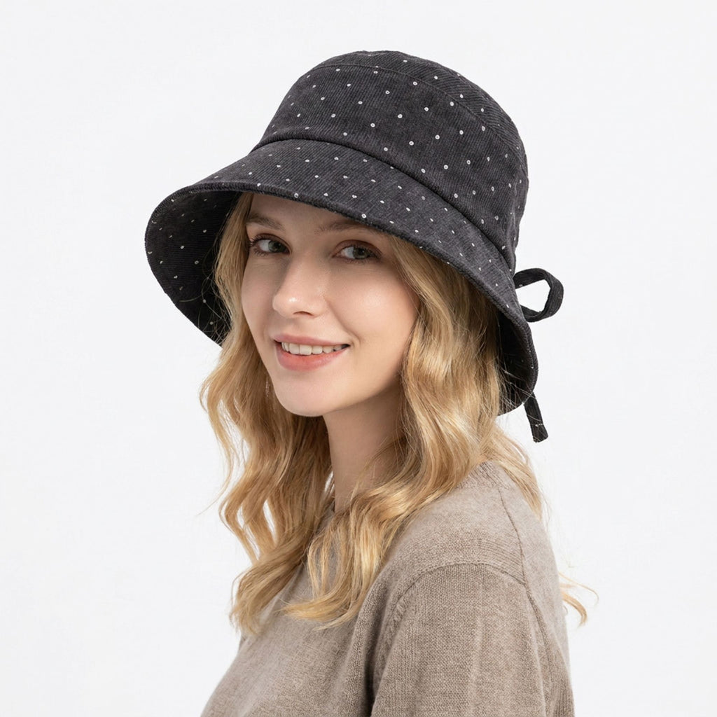 Polka Dot Corduroy Bucket Hat Wide Brim Tie Back Sun Hat