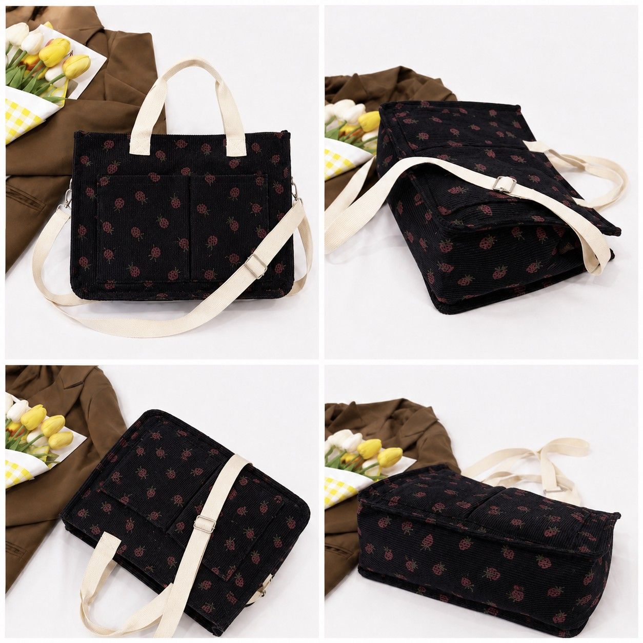 Canvas Strawberry Print Tote Bag with Shoulder Strap and Side Pockets