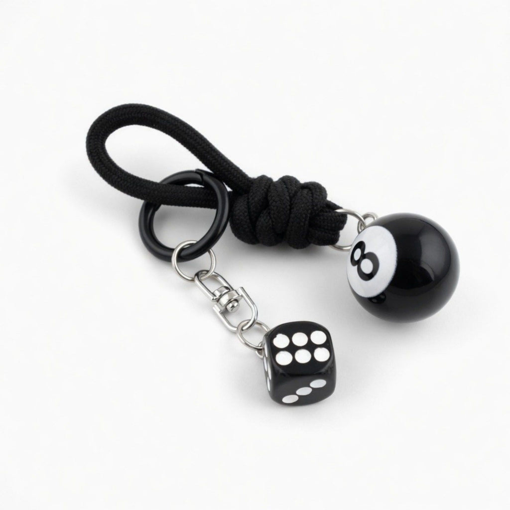 Eight Ball Dice Keychain with Rope Loop Charm Beaded Key Ring Accessory