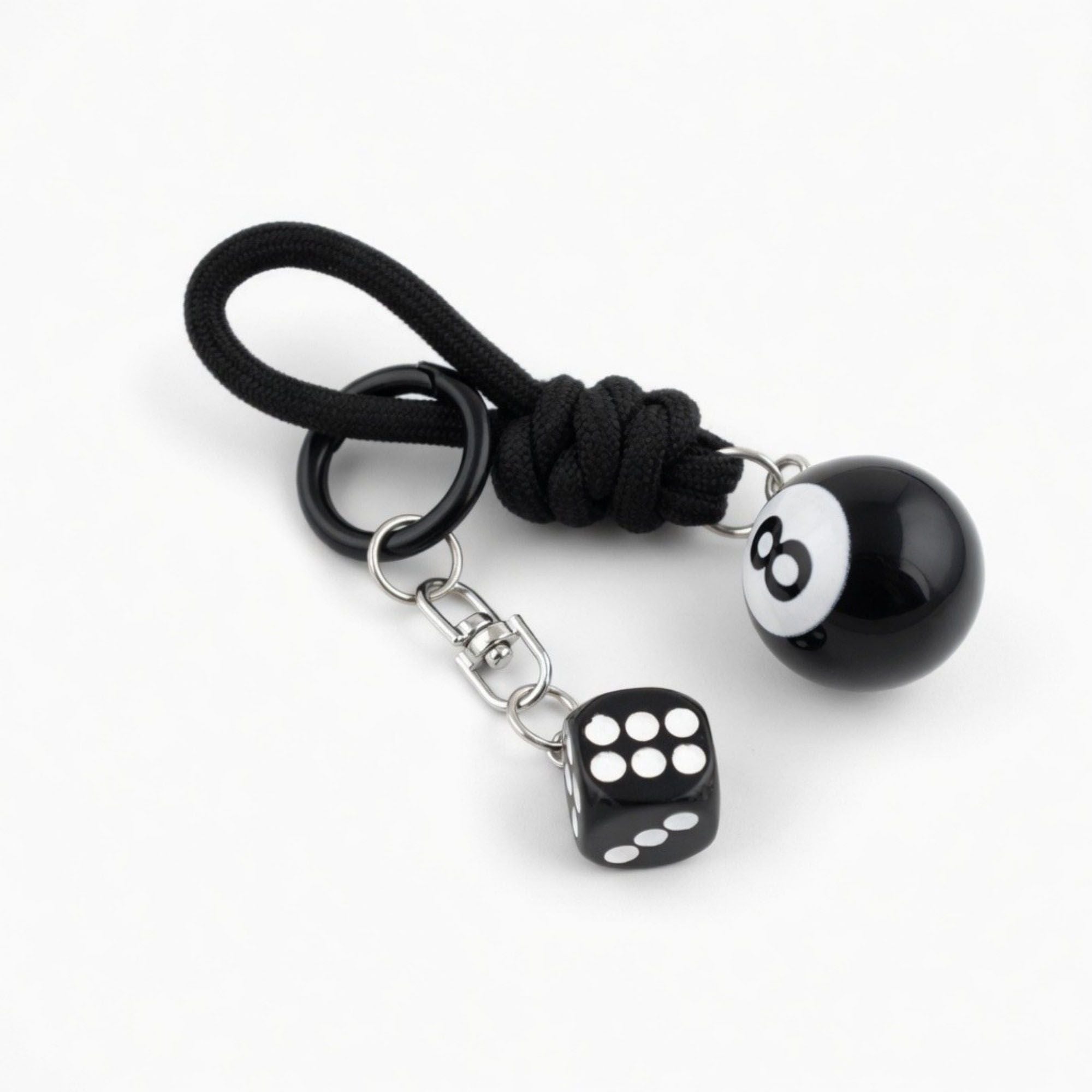 Eight Ball Dice Keychain with Rope Loop Charm Beaded Key Ring Accessory