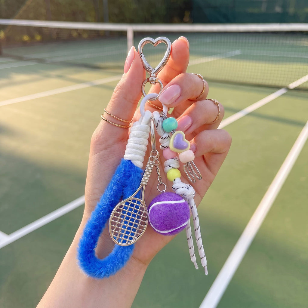 2-Piece Womens Sports Themed Bag Charm with Hanging Clip and Tennis Accessory