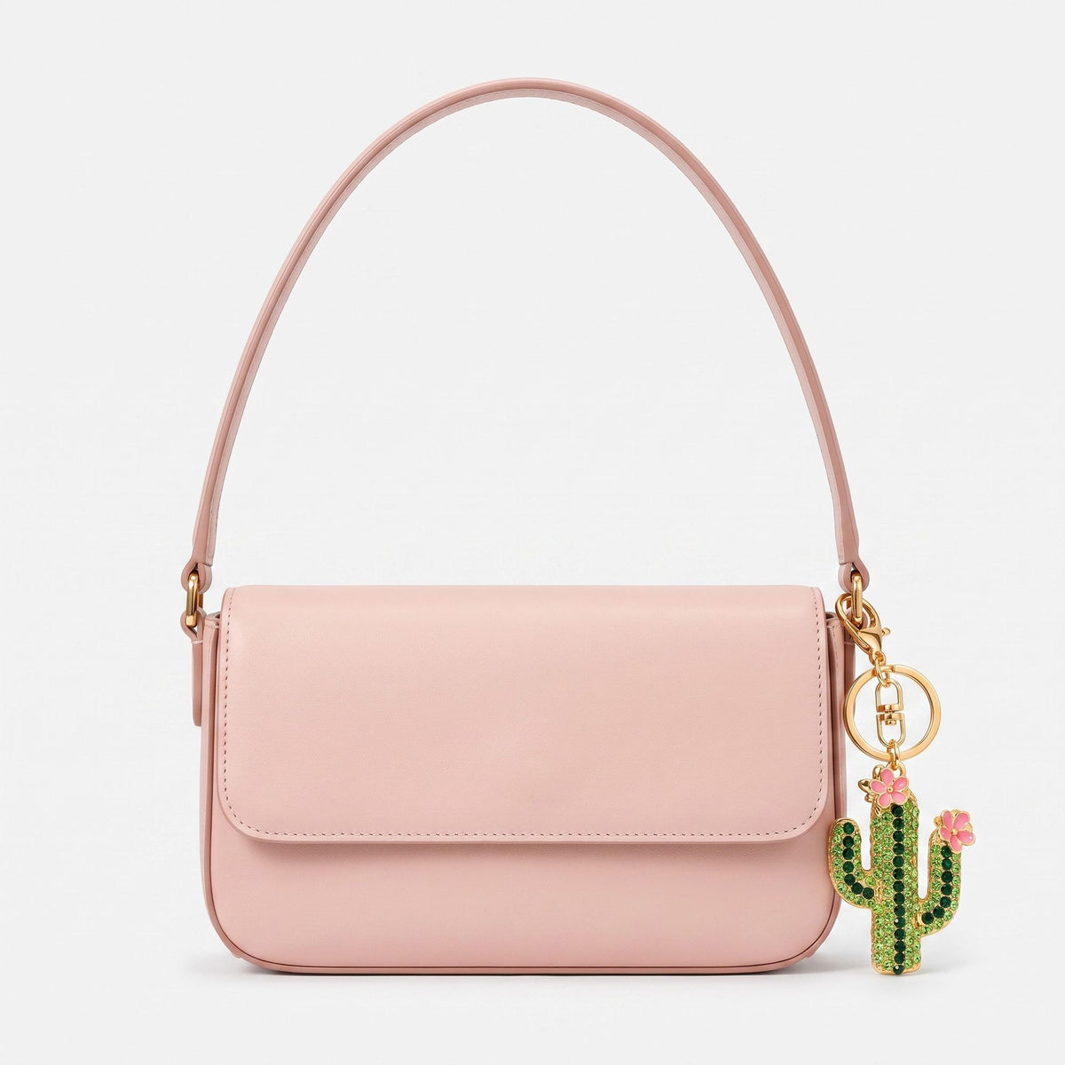 Cactus Rhinestone Keychain Bag Charm with Floral Detail and Lobster Clasp